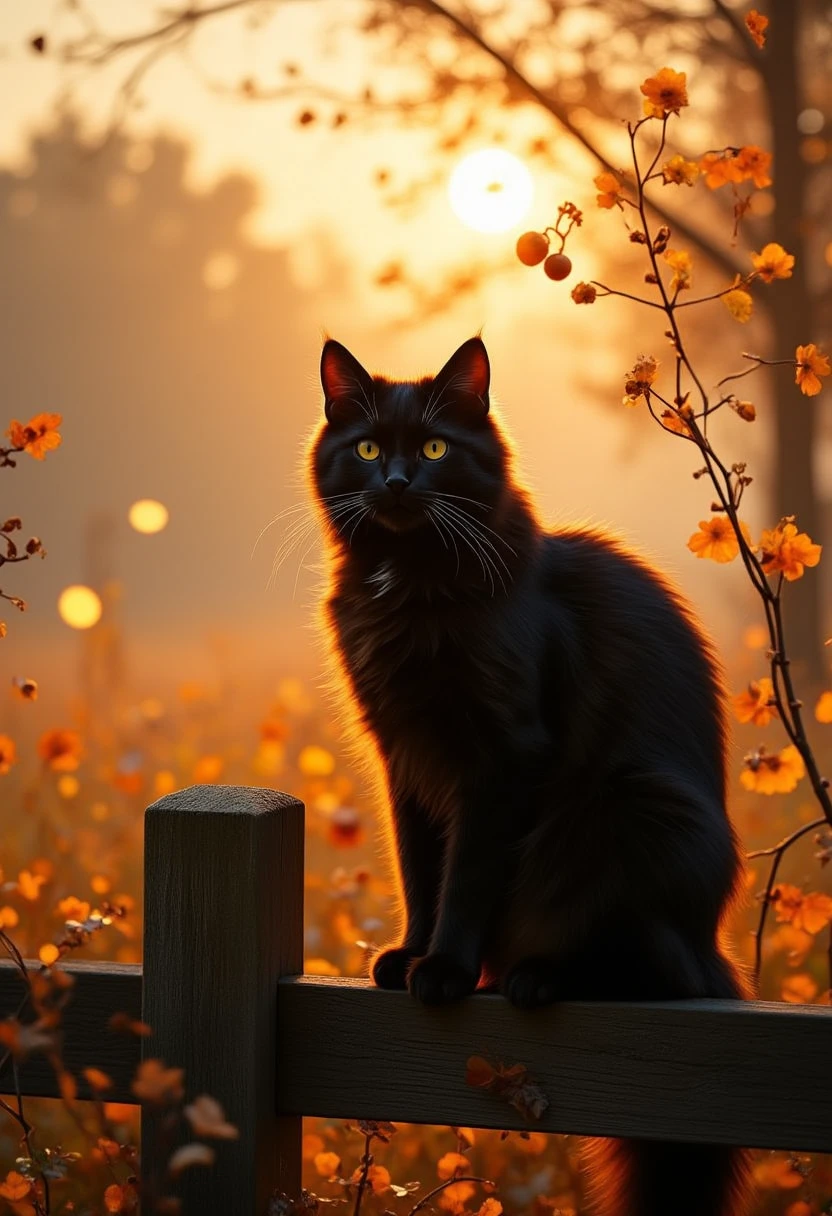 A tranquil autumn scene at sunrise, with a soft golden mist rising over a quiet field. A sleek black cat sits gracefully on a rustic wooden fence, gazing calmly ahead with bright, curious eyes. Next to the cat, delicate branches of Chinese lantern plants (Physalis) sway gently, their papery orange husks glowing warmly in the soft morning light. The warm glow of the sun filters through the mist, casting long shadows and creating an ethereal, dreamy atmosphere. The colors are muted with warm tones of amber, beige, and soft brown, blending with the black cat and vibrant Physalis lanterns. The mood is serene and slightly mysterious, evoking the quiet magic of autumn mornings. Inspired by a prompt by Erop, recreated by Kastellen.