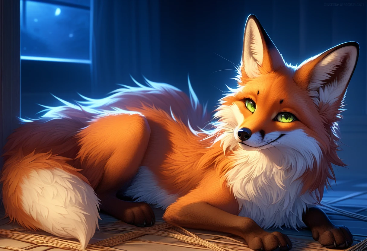 Extreme detail, full body, Detailed eyes, (Shaded), (Detailed lighting), (Cinematic lighting), (Masterpiece, hi res, high resolution, High details, Best quality, high sharpness:1.3), high definition, BREAK, woven, beautiful, cute, fox ears, whiskers, (long and fluffy fox tail), (digitigrade, fox paws on feet), (elongated fox snout), orange fur, green eyes, feral fox, feral, animal, kitsune, red fox, lying on ground curled up with tail wrapped around self, smiling cutely, looking at viewer, night