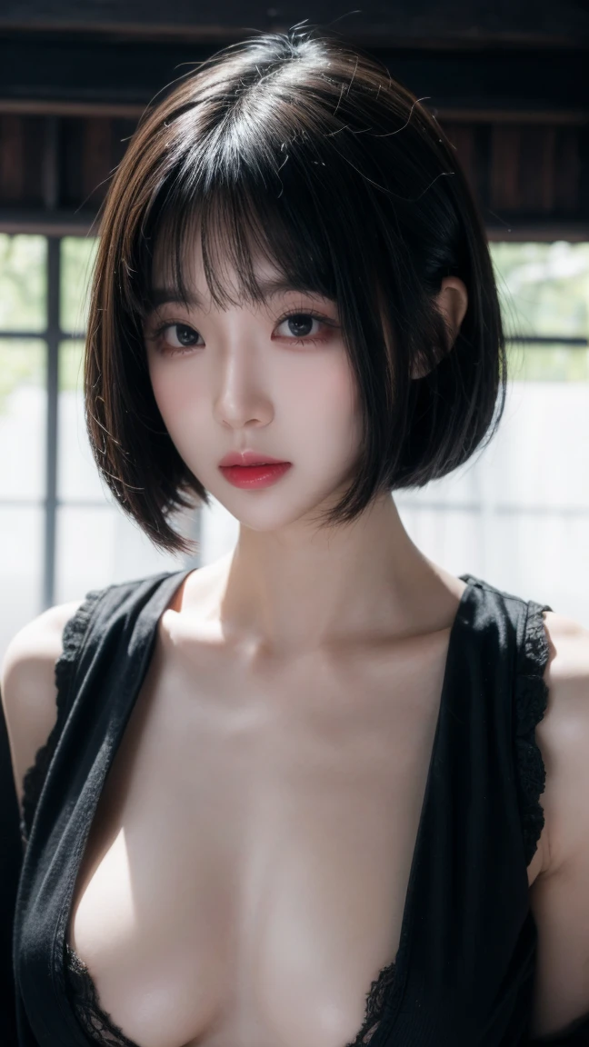 nsfw, masterpiece、The highest image quality、high quality、Beautiful Women、Japanese、Popular Korean Makeup、detailed、Swollen eyes、A detailed eye、Detailed skin、Beautiful skins、超A high resolution、(Reality:1.4)、very extremely beautiful、Slightly younger face、Beautiful skins、thin-waist、(A hyper-realistic)、(illustration)、(high resolution)、(8K)、(highly detailed), (The best illustrations)、(beautifully detailed eyes)、(ultra details)、(wall-paper)、(Detailed face)、looking at the viewers、fine detailed、 A detailed face、pureerosfaceace_v1、a smile、Looking straight ahead、photos realistic、Bright lighting、professional lighting、Colorful hair color、(((very_short_hair)))、brightly lit room、painterly、picture frame, (sleep thin sexy clothes), (naked:1)