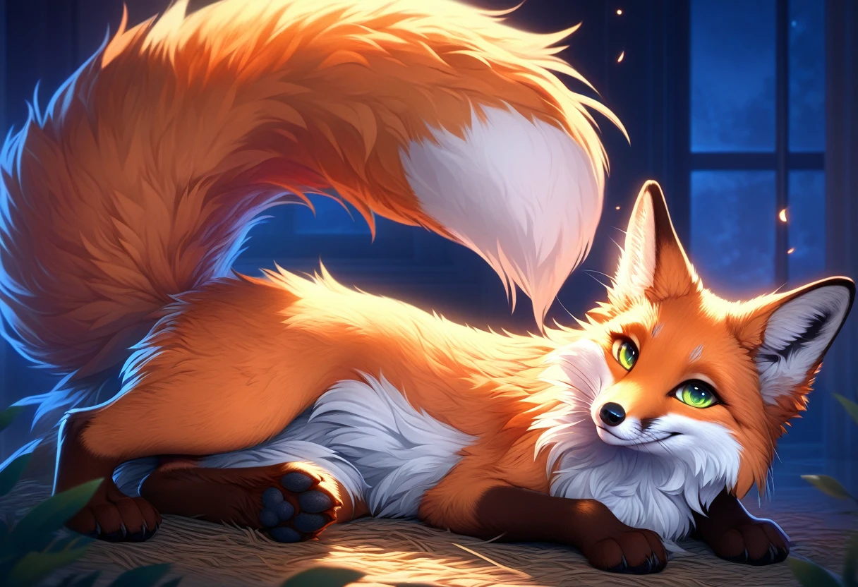 Extreme detail, full body, Detailed eyes, (Shaded), (Detailed lighting), (Cinematic lighting), (Masterpiece, hi res, high resolution, High details, Best quality, high sharpness:1.3), high definition, BREAK, woven, beautiful, cute, fox ears, whiskers, (long and fluffy fox tail), (digitigrade, fox paws on feet), (elongated fox snout), orange fur, green eyes, feral fox, feral, animal, kitsune, red fox, lying on ground curled up with tail wrapped around self, smiling cutely, looking at viewer, night