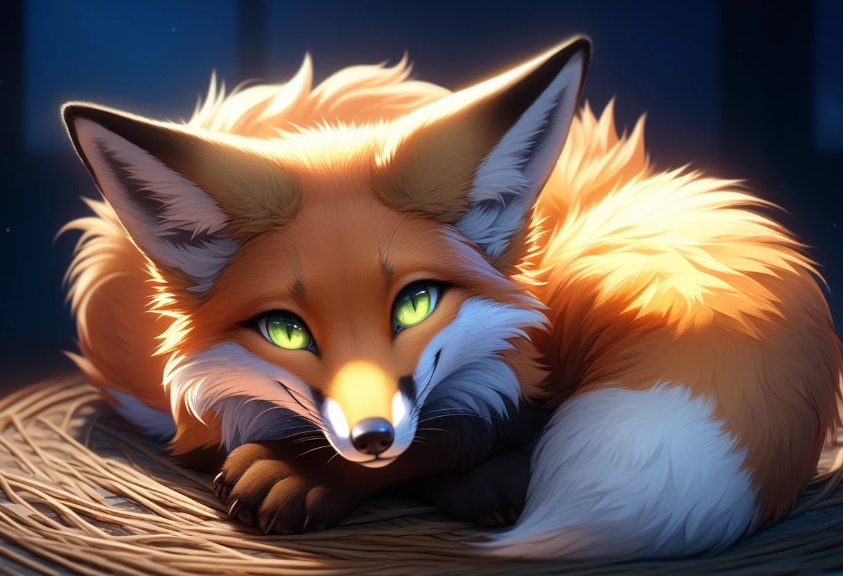 Extreme detail, full body, Detailed eyes, (Shaded), (Detailed lighting), (Cinematic lighting), (Masterpiece, hi res, high resolution, High details, Best quality, high sharpness:1.3), high definition, BREAK, woven, beautiful, cute, fox ears, whiskers, (long and fluffy fox tail), (digitigrade, fox paws on feet), (elongated fox snout), orange fur, green eyes, feral fox, feral, animal, kitsune, red fox, lying on ground curled up with tail wrapped around self, smiling cutely, looking at viewer, night