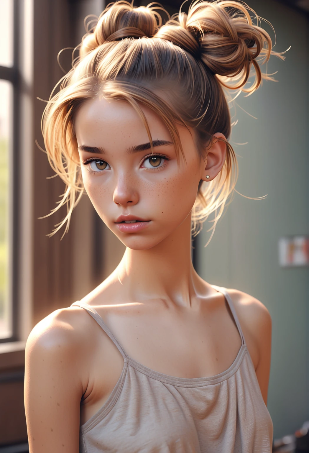 (Cinematic photo: 1.3) From (really: 1.3), (comfortable: 1.3) Beautiful  girl, (difficult messy bun of light brown hair), высокодеталформированная текстура кожи, skinny shoulders, realistic texture кожи, looks straight into the camera, (looks at the viewer), pout, pastel, Shine, Dramatic, Dreamy, пастeлный цветочный сад, Thin, skinny, gentle, Высокая деталформация, difficult, digital painting, Fantasy theme, skinny, bare belly, Fantasy concept art , Fantasy Characters, Beautiful teenage girl, Perfect body, highly detailed full-length shot, Dreamy, pastel, watercolor, strange, gentle, highly detailed texture, realistic texture, digital painting, высокодеталформированная фотография (art deco: 1.3), (Фотореалним: 1.3), (Классический реалнием: 1.3), (Fujifilm Superia: 1.3), Natural, golden hour light