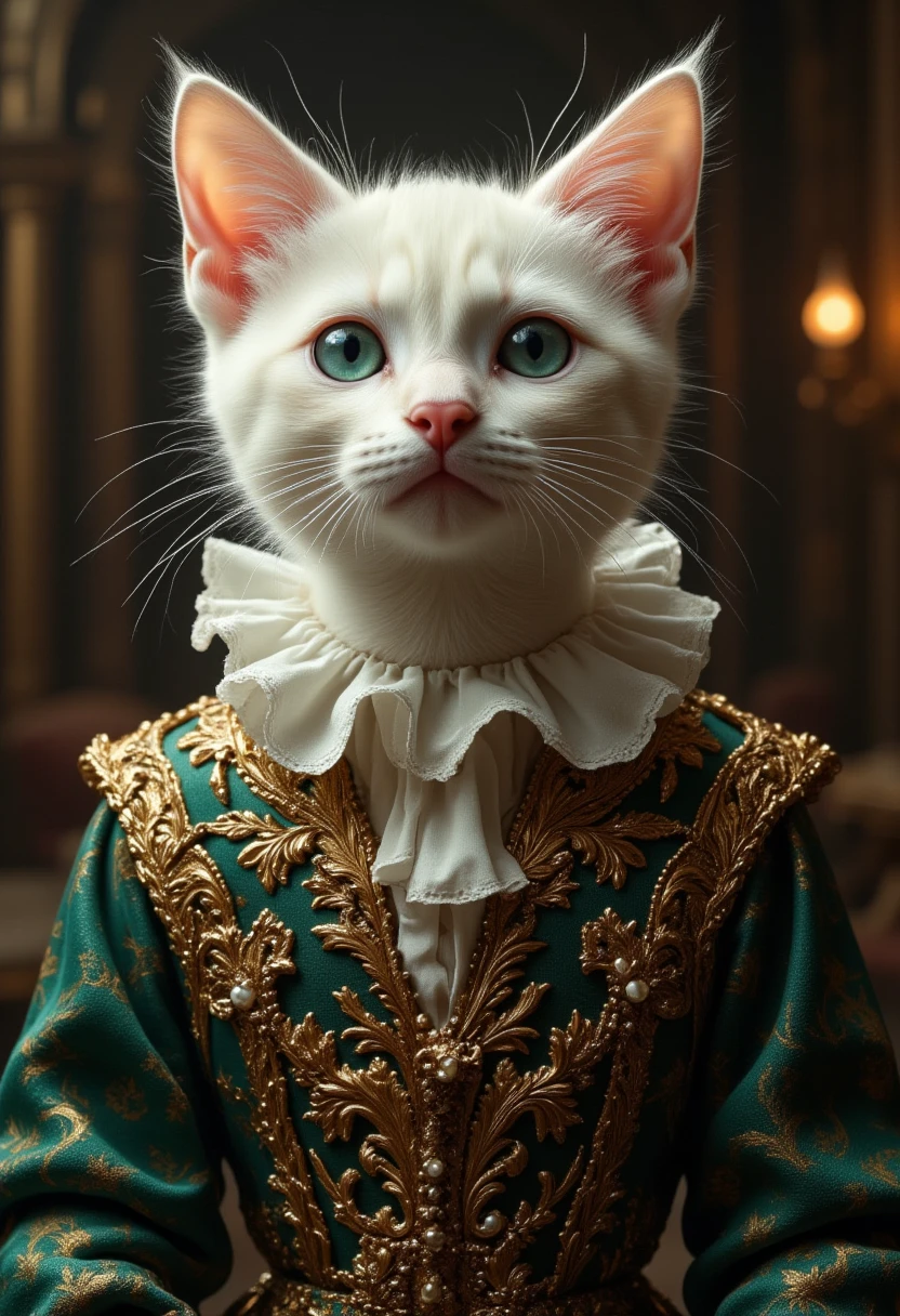 A hyperrealistic portrait of an elegant anthropomorphic kitten with soft, fluffy white fur and large, expressive emerald-green eyes. The kitten is dressed in intricate Renaissance-inspired attire, featuring a richly textured brocade jacket with golden embroidery, pearls, and fine details. A ruffled white collar surrounds the neck, giving a regal and aristocratic feel. The background is softly blurred with warm and cool tones, enhancing the kitten's delicate features and making the subject stand out. The lighting is soft and dramatic, adding depth and a subtle glow to the fur, evoking the mood of classical portraiture with a whimsical, noble charm.