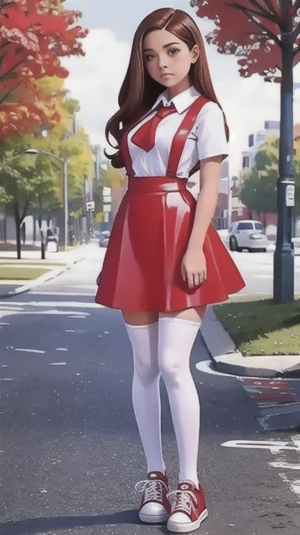 Cute  curvy beautiful teen   schoolgirl ,  beautiful  teen face, red leather skater pinafore dress ,  transparent white blouse, short sleeves, red silk tie , brunette long hair,  beautiful eyes. stockings,  Sneakers,  with skateboard in hand, schoolgirl - standing in the park,   photorealistic , sad face, skater pinafore, leather skater dress, perfect legs, full size figure, perfect legs, frills on dress