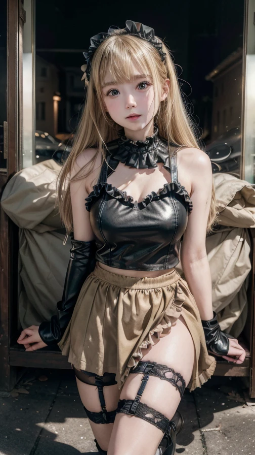 18 years old,Maid costume,Big breasted girl, (Gothic style) ,Torn skirt, Golden body proportions, Messy Blonde Hair, (very detailed) ,(Very detailed CG Unity 8k wallpaper),damaged skirt,complex, Tall and detailed, precise, Dramatic Realism, 8k, 4K