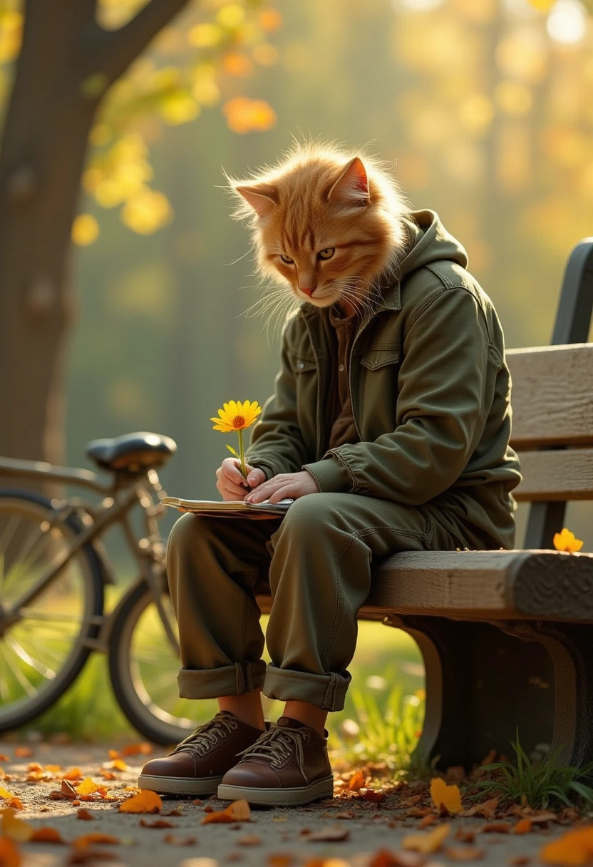 A cinematic hyperrealistic image of an anthropomorphic kitten sitting on a park bench. The kitten wears slightly scruffy clothing, such as a loose jacket, rolled-up pants, and worn-out shoes. His fur is tousled slightly by the breeze. A small bicycle leans casually against the side of the bench. The kitten holds a notebook in his paws, deeply focused as he puzzles over a poem he is writing. A brightly colored daisy rests beside him on the bench, symbolizing his intention to give it to his girl-kitten crush. The background shows a peaceful park scene, bathed in soft, warm sunlight with a hint of autumn leaves. The scene conveys charm, innocence, creativity, and hope, with the air filled with the subtle anticipation of young love.