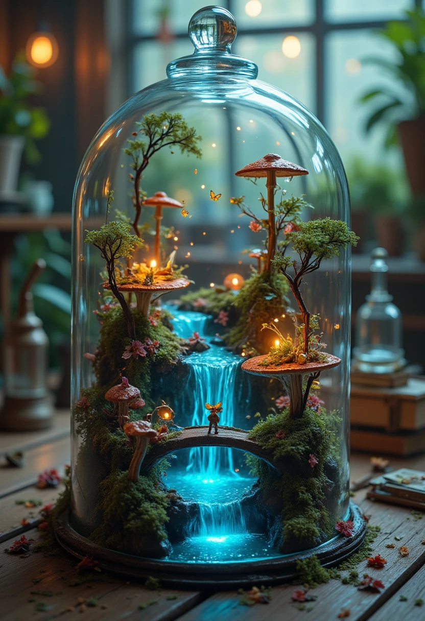 A glass terrarium containing a fantastical miniature world. Inside, tiny mushroom-shaped houses rise from lush green moss, with glowing rivers winding through the landscape. Tiny humanoid creatures, with butterfly wings, are interacting near their homes, some tending to glowing flowers while others cross delicate bridges made from vines. The ecosystem is vibrant, with miniature trees that have rainbow-colored leaves, and small, glowing fireflies flitting in the air. In the background, a waterfall cascades down into a crystal-clear pond, reflecting soft pastel hues from an imagined twilight sky. The glass terrarium reflects light gently, placed on a wooden table, surrounded by books and tools, suggesting someone has carefully crafted this tiny civilization., Miki Asai Macro photography, close-up, hyper detailed, trending on artstation, sharp focus, studio photo, intricate details, highly detailed, by greg rutkowski