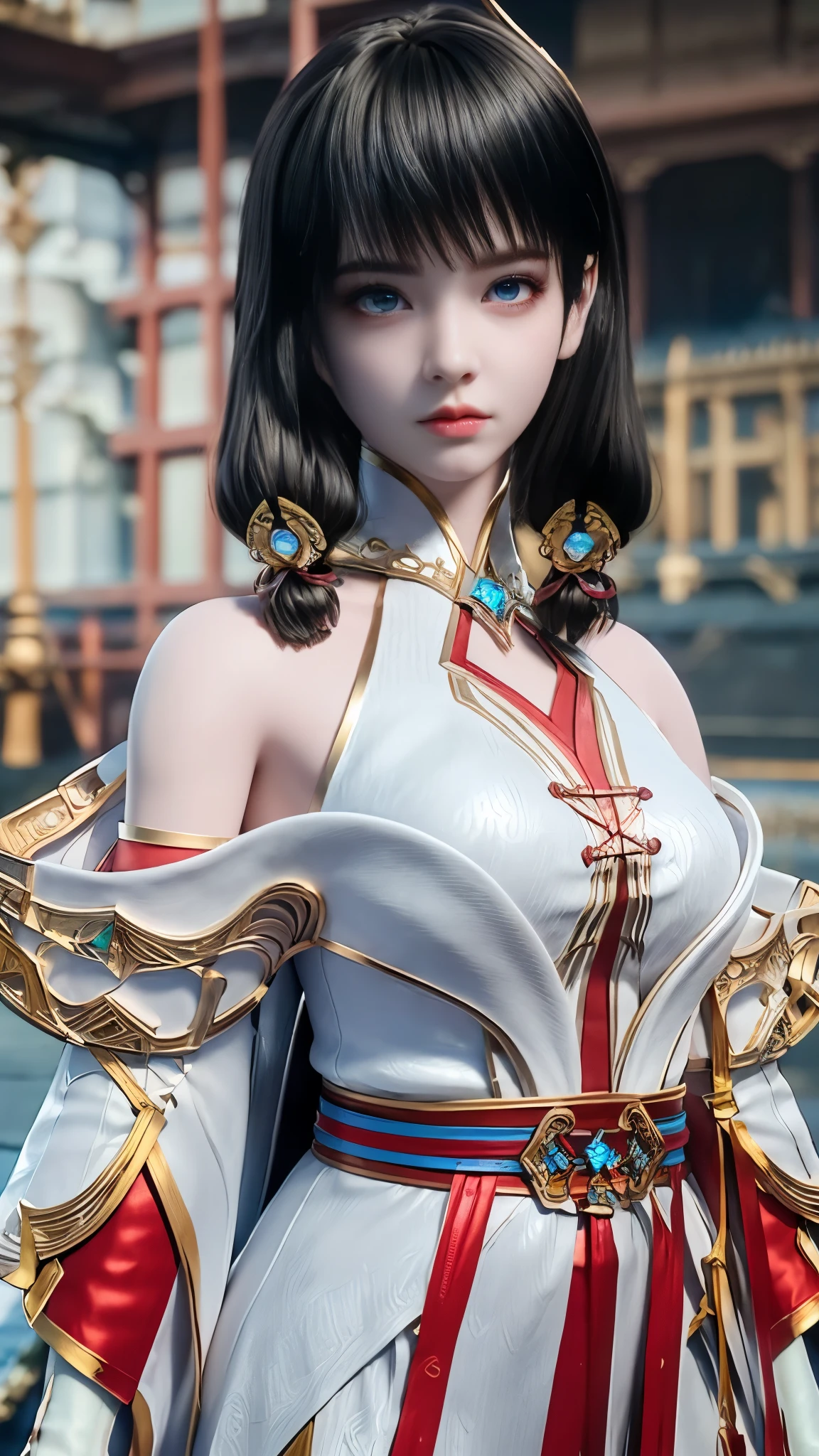 (8k, RAW photo, best quality, masterpiece:1.2),(realistic, photo-realistic:1.4), ultra-detailed, extremely detailed cg 8k wallpaper,(crystalstexture skin:1.2), (extremely delicate and beautiful),
1girl,solo,black hair,  long hair, blue eyes, closed mouth, hair ornament, bare shoulders, detached sleeves, breasts, white dress,