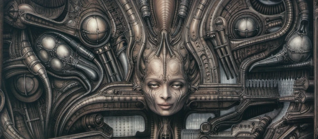 HRGGR, The image is a detailed view of H.R. Giger's biomechanical tableau \" LANDSCAPE No 312 \" plate, featuring a complex, intricate, and detailed design of endless Machine in the transit space over the cascade of fallen water, that appears to be a fusion of organic and mechanical elements, with a focus on the interplay between the two.The piece is a tableau, most likely created with a India ink pen or pencil on paper, determined by the thin lines, shading techniques, and the texture of the paper, which is visible around the edges. Used is pen, given the shading and variations in line weight visible in the image. Artist have used a variety of stylus with different degrees of hardness to achieve the shading effects. The use of undersaturated green-grays dark contrasts creates a stark and graphic look. Is used a variety of linework techniques to create different textures. Fine, parallel lines create a smooth, metallic texture,while thicker, more cursive lines suggest cables or wires. Light source from the top highlights skeletals, pper part of foreground, lower part of image is in shadowupper part of foreground, lower part of image is in shadow. The art performance showcases the artist’s skills in observation and rendering. The level of detail in the piece suggests a close study of real bone specimens and mechanics. The artist has skillfully used shading techniques to create a convincing illusion of three-dimensionality on a flat surface. The wrinkles and cracks in the surface, and the cast shadows with accuracy, used shading techniques to create a realistic depiction of light and shadow on the objects. This creates a sense of depth and dimension in the image. The artist has used careful linework to depict the contours and textures in the piece Sharp focus on foreground elements illustration. Deep and delicate DOF. Big painting. Stored in Louvre masterpiece, ooze soaked pajama top