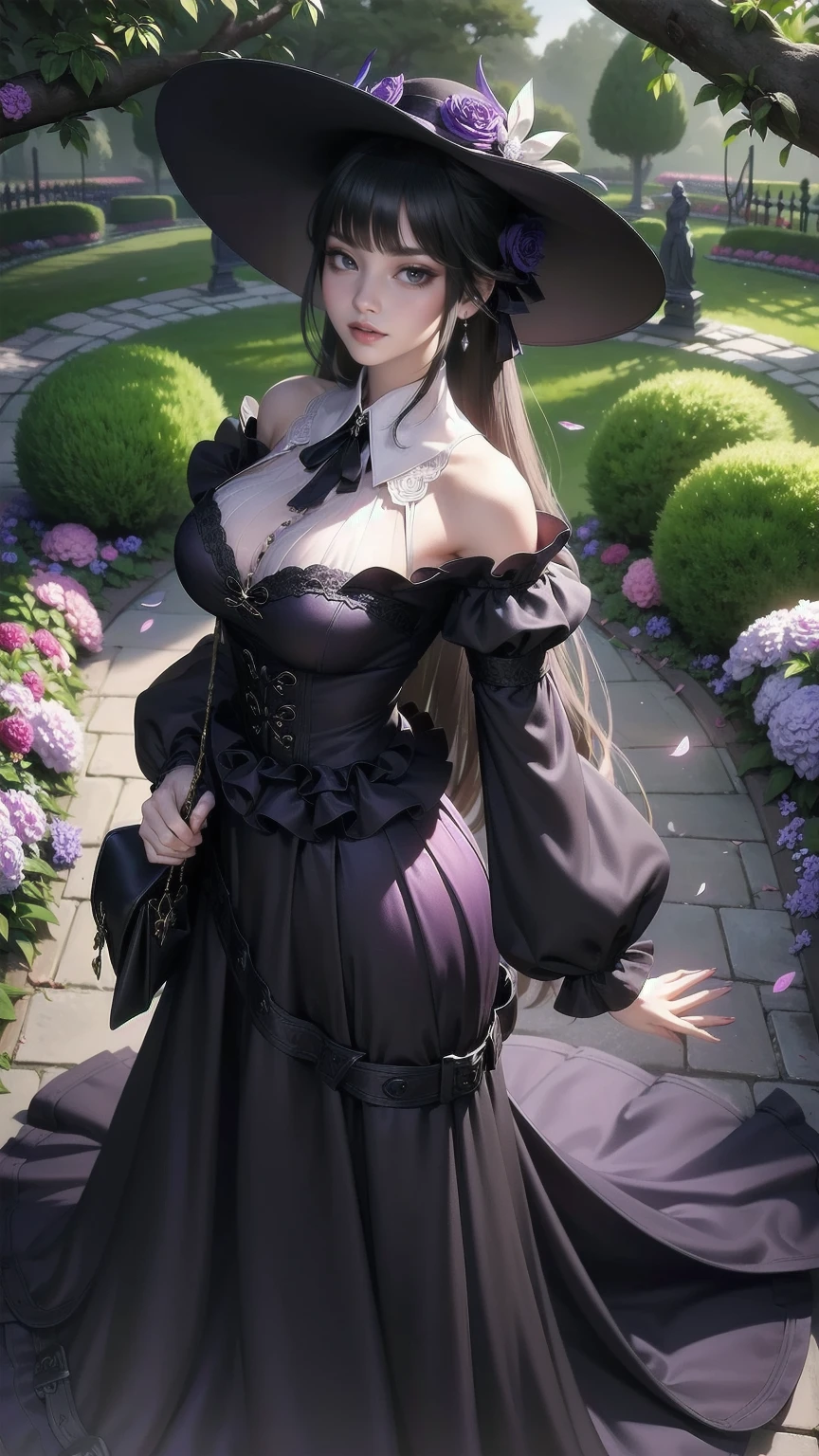 high school　classroom　During class　 Beautiful Teacher　ネオゴススタイルの  girl, Wearing a black dress and a white collar,  wearing a black hat  、Wearing heavy makeup,  she's standing in a mysterious garden  、Surrounded by vines  . The garden is full of dark purple flowers  .、Gothic architecture in the background。.  girl&#39;Iの髪は黒色、  her hair is long braided  .、  has red roses next to her  。. Her eyes are sharp、It&#39;stabbing.,  thick black eyeliner and long eyelashes .  she has white skin .、Lips bright red.. The atmosphere is gloomy and eerie, Dim lighting casts long shadows.  This work is a combination of digital illustration and photography.., result、そのresult、Incredibly high resolution images。. Most colors are dark、I&#39;kind,  The dark red and purple create a dark beauty  ..  The overall style is neo-gothic  ., Horror,  portrait photography ,  creates a unique and fascinating visual experience  .Dark Imagery
