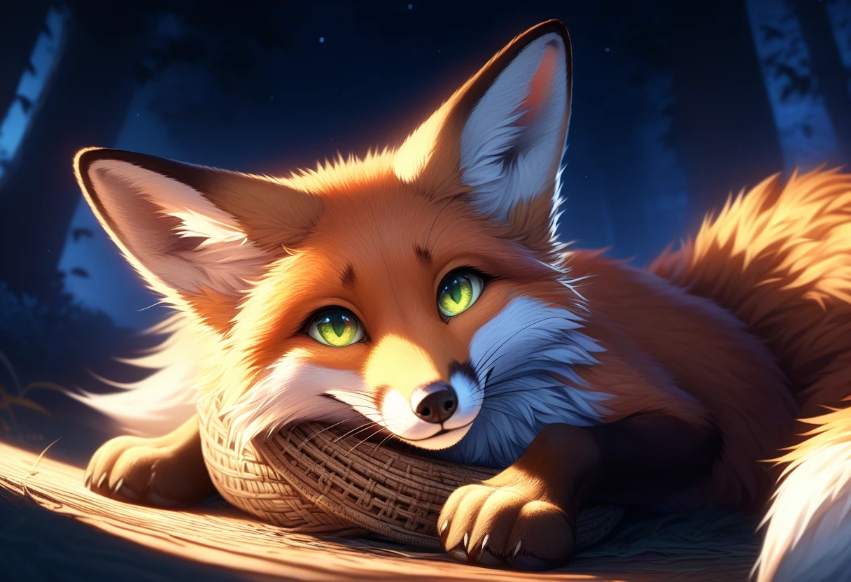 Extreme detail, full body, Detailed eyes, (Shaded), (Detailed lighting), (Cinematic lighting), (Masterpiece, hi res, high resolution, High details, Best quality, high sharpness:1.3), high definition, BREAK, woven, beautiful, cute, fox ears, whiskers, (long and fluffy fox tail), (digitigrade, fox paws on feet), (elongated fox snout), orange fur, green eyes, feral fox, feral, animal, kitsune, red fox, lying on ground curled up with tail wrapped around self, smiling cutely, looking at viewer, night