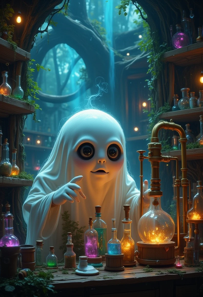 An adorable ghost wearing a flowing sheet with big, expressive black eyes, working inside a magical forest laboratory. The scene is cozy yet mystical, filled with wooden shelves stacked with colorful, glowing potion bottles of different shapes and sizes. At the center, an intricate alchemical apparatus with brass pipes and glowing orbs is brewing a mysterious potion. Large glass vials contain magical plants, glowing embers, and swirling liquids. The background is a deep forest, illuminated by soft blue moonlight filtering through twisted trees. Small glowing particles float in the air, adding to the enchanting atmosphere. The scene is playful and charming, combining fantasy, alchemy, and nature, with a lighthearted, storybook-like feel.