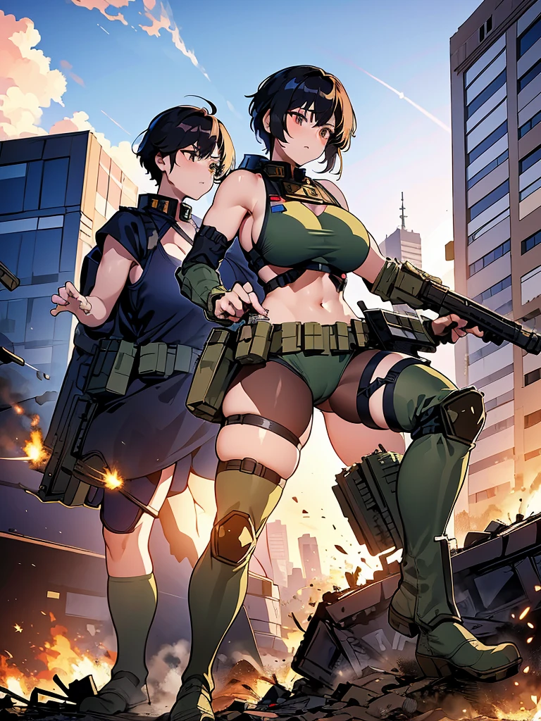 Two lightly armed beautiful girl soldiers wearing compression shorts. Anime style. Small breasts.