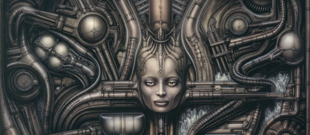 HRGGR, The image is a detailed view of H.R. Giger's biomechanical tableau \" LANDSCAPE No 312 \" plate, featuring a complex, intricate, and detailed design of endless Machine in the transit space over the cascade of fallen water, that appears to be a fusion of organic and mechanical elements, with a focus on the interplay between the two.The piece is a tableau, most likely created with a India ink pen or pencil on paper, determined by the thin lines, shading techniques, and the texture of the paper, which is visible around the edges. Used is pen, given the shading and variations in line weight visible in the image. Artist have used a variety of stylus with different degrees of hardness to achieve the shading effects. The use of undersaturated green-grays dark contrasts creates a stark and graphic look. Is used a variety of linework techniques to create different textures. Fine, parallel lines create a smooth, metallic texture,while thicker, more cursive lines suggest cables or wires. Light source from the top highlights skeletals, pper part of foreground, lower part of image is in shadowupper part of foreground, lower part of image is in shadow. The art performance showcases the artist’s skills in observation and rendering. The level of detail in the piece suggests a close study of real bone specimens and mechanics. The artist has skillfully used shading techniques to create a convincing illusion of three-dimensionality on a flat surface. The wrinkles and cracks in the surface, and the cast shadows with accuracy, used shading techniques to create a realistic depiction of light and shadow on the objects. This creates a sense of depth and dimension in the image. The artist has used careful linework to depict the contours and textures in the piece Sharp focus on foreground elements illustration. Deep and delicate DOF. Big painting. Stored in Louvre masterpiece, ooze soaked pajama top