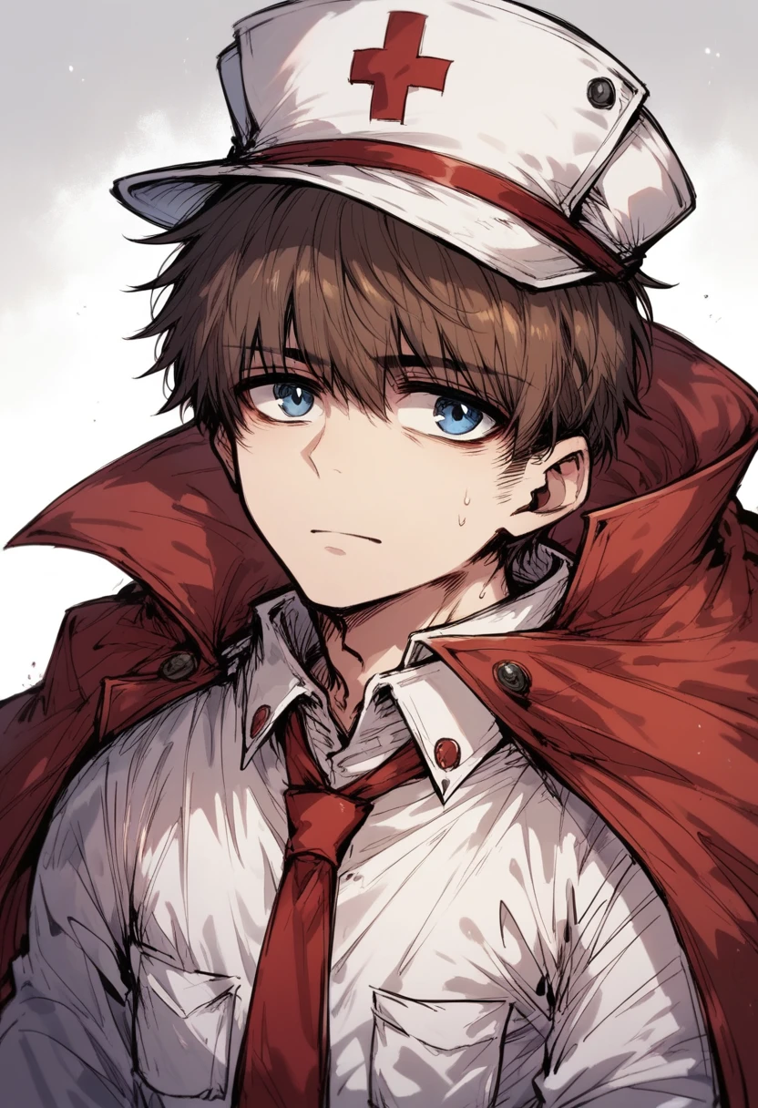 1man, medical cape, red tie, blue eyes, brown hair, white hat, portrait