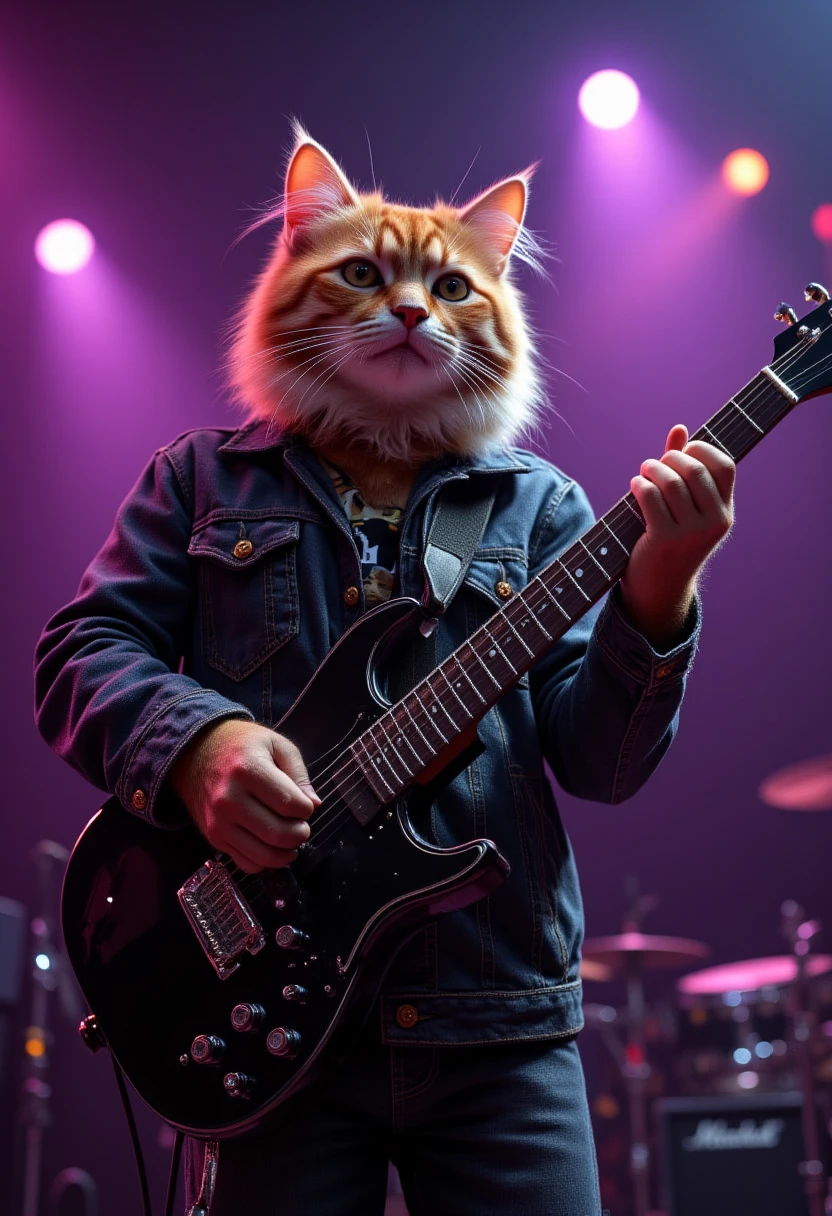 A fluffy orange tabby cat, rendered with cinematic hyperrealism, standing upright on a dimly lit concert stage, playing an electric guitar. Every strand of the cat’s fur is finely detailed, with soft highlights from bright stage lights illuminating its playful expression. The cat wears a tiny, textured black denim jacket with visible stitching, paired with a worn band t-shirt underneath. It grips a sleek black electric guitar with polished strings that reflect the warm lighting. The guitar’s finish shines with minute scratches, showing signs of use. In the background, blurry drum sets and amplifiers enhance the depth of field, while vibrant pink and purple stage lights beam through a light haze, creating an atmospheric glow. Subtle bokeh effects float in the air, emphasizing the dreamy concert vibe. The mood is playful yet professional, as if the cat is fully immersed in the music, delivering a rockstar performance with charm and charisma.