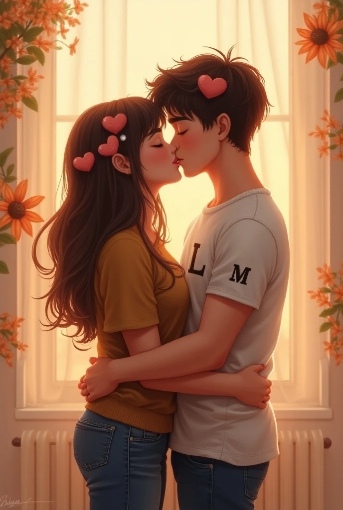 Make a couple romance and kissing at neck and boys front tshirt name Himmi