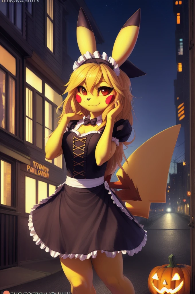 uploaded on e621, explicit content, 3d, cutesexyrobutts, hioshiru, female, solo, pikachu, urban setting, three-quarter portrait, closeup, (Halloween, costume maid), standing, night, night, midday, bright sun, lens flare, l streets,  covered cars, headlights
Beautiful long hair and female tail 