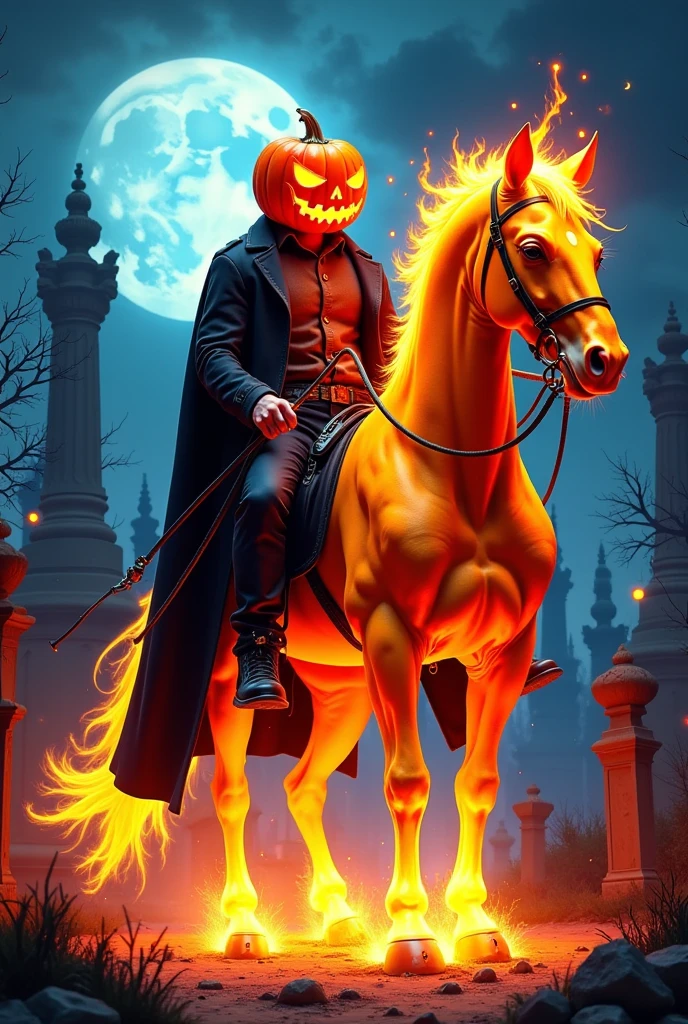 photoillustrasion of a muscle man with the head of jack O'lantern riding a muscle fire stallion, high collar black trench and flowing long cloak, psychedelic neon color, the whip in the man's hand, darkmoon background and desolate cemetery with angle statues, the stallion standing on his rear feet,  burning body of the man and the stallion, highly detailed 