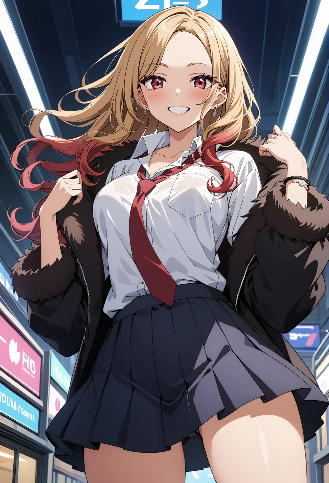 masterpiece, best quality, high quality, detailed, ultra detailed, hyper detailed, exquisite, insanely detailed, beautiful, FHD, Full-HD, 4K, 8K, 16K, highres, absurdres, one woman, female, big breast, ((fur coat, white fur, black coat, platform boots, black braided boots)), grinning, ((from below)), white shirts, oversized shirts, open collar, tie, school skirt, looking at viewer, ((short hair, side part hair, side down hair style, hair, forehead)), big hair ribbon, (messy hair, flipped hair, wavy hair, curly hair), blonde, red hair, multicolored hair, gradient hair, (red eyes, eyes wide open), voluptuous, glamorous, gyaru, beautiful