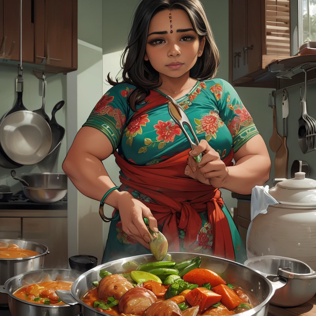 (((HD realistic closeup photo))) of Sabita a 40 year old beautiful Bengali wife cooking vegetables in an Indian kitchen, she is wearing sharee.