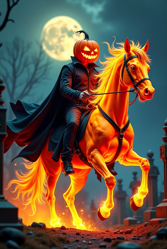 photoillustrasion of a muscle man with the head of jack O'lantern riding a muscle fire stallion, high collar black trench and flowing long cloak, psychedelic neon color, the whip in the man's hand, darkmoon background and desolate cemetery with angle statues, the stallion jumping on his rear feet,  burning body of the man and the stallion, highly detailed 