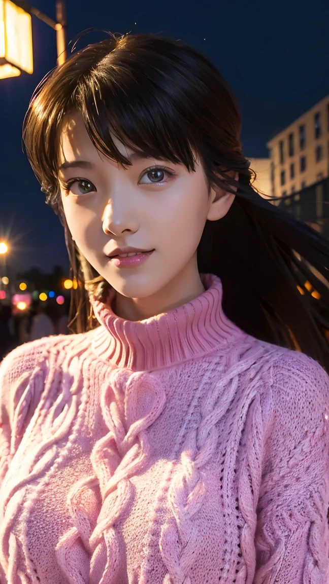  1 girl,(Put on a pink sweater:1.2),(RAW Photos,  best quality ), (Realistic, photo-Realistic:1.4), masterpiece,  Extremely delicate and beautiful ,  very detailed, 2k wallpaper, wonderful,  in fine detail,  very detailed CG unity 8k wallpaper, Super detailed,  Kampala, Soft light,  Beautiful Detailed Girls,  very detailed eyes and face,  beautiful detailed nose,  Beautiful Detailed Eyes, Cinematic Lighting ,City lights at night, perfect anatomy,Slender body,Light smile,close,(Long hair with bangs), Large Breasts,Erotic relationships , announcer