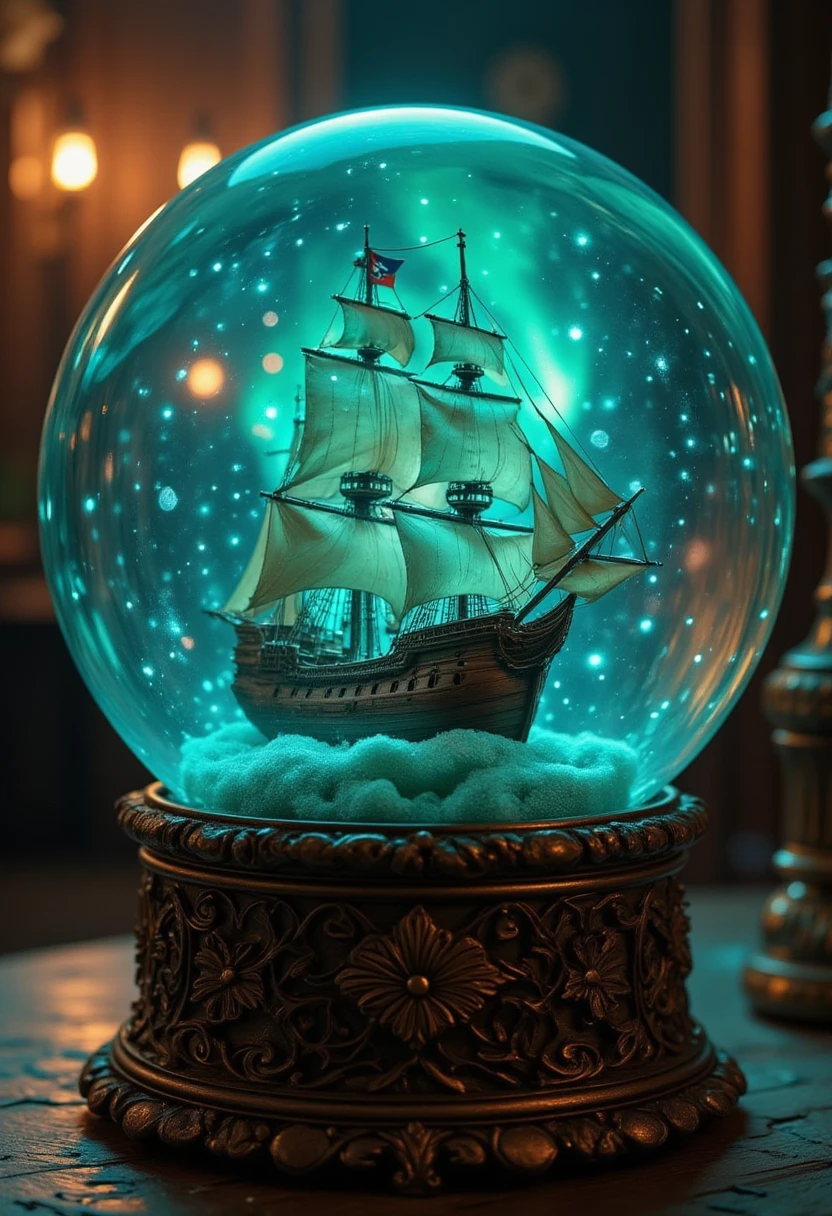 A detailed snow globe with a pirate ship inside, surrounded by a swirling ocean of turquoise and deep blue waves. The ship is a classic wooden galleon with tall masts and billowing sails, flying a pirate flag. Above the ship, a dazzling aurora lights up the night sky with swirling green and purple lights. The glowing aurora mixes with the stars, creating a magical and ethereal atmosphere inside the globe. The globe rests on an intricately carved wooden base, giving it a vintage, ornate look. The background is softly lit with warm, ambient lighting, adding to the enchanting scene.