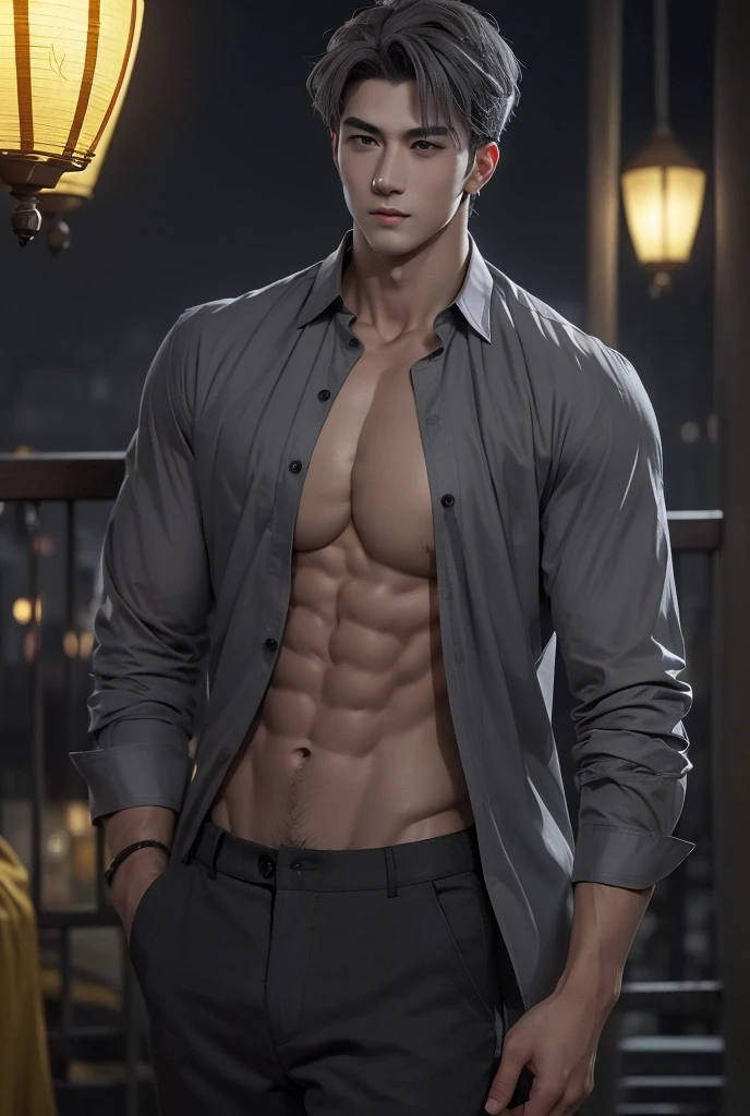 (absurderes, A high resolution, Ultra detailed, hdr), Masterpiece, Best quality, Portrait of a boy, Handsome boy with red eyes, Detailed face, Professional photo, The Alafed man is shirtless, Fight comfortably，legs are open, (puffynipple(From below:1.1)), Focus on your audience,18 year old boy, Handsome boy, [ Firmly defined body ]，Light blue shirt open，Abs，chest muscle，short white pants，large bulge，Black leather shoes，Close-up of feet，prinz，