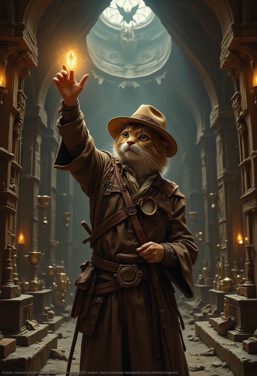 In an ancient treasure chamber, an anthropomorphic cat archeologist stands at the center, dressed like Indiana Jones wearing adventurer-style clothes with a fedora hat and a whip at his hip. The cat is holding up a glowing relic, examining it in wonder. The room is filled with timeless relics and artifacts, including ornate golden chalices, jewelry, weathered scrolls, and ancient weapons, all covered in dust. The soft golden light from the cracks in the stone walls mixes with the glow of the relic, casting an ethereal glow across the cat's face. The atmosphere remains mystical and untouched by time, evoking a sense of adventure and discovery."