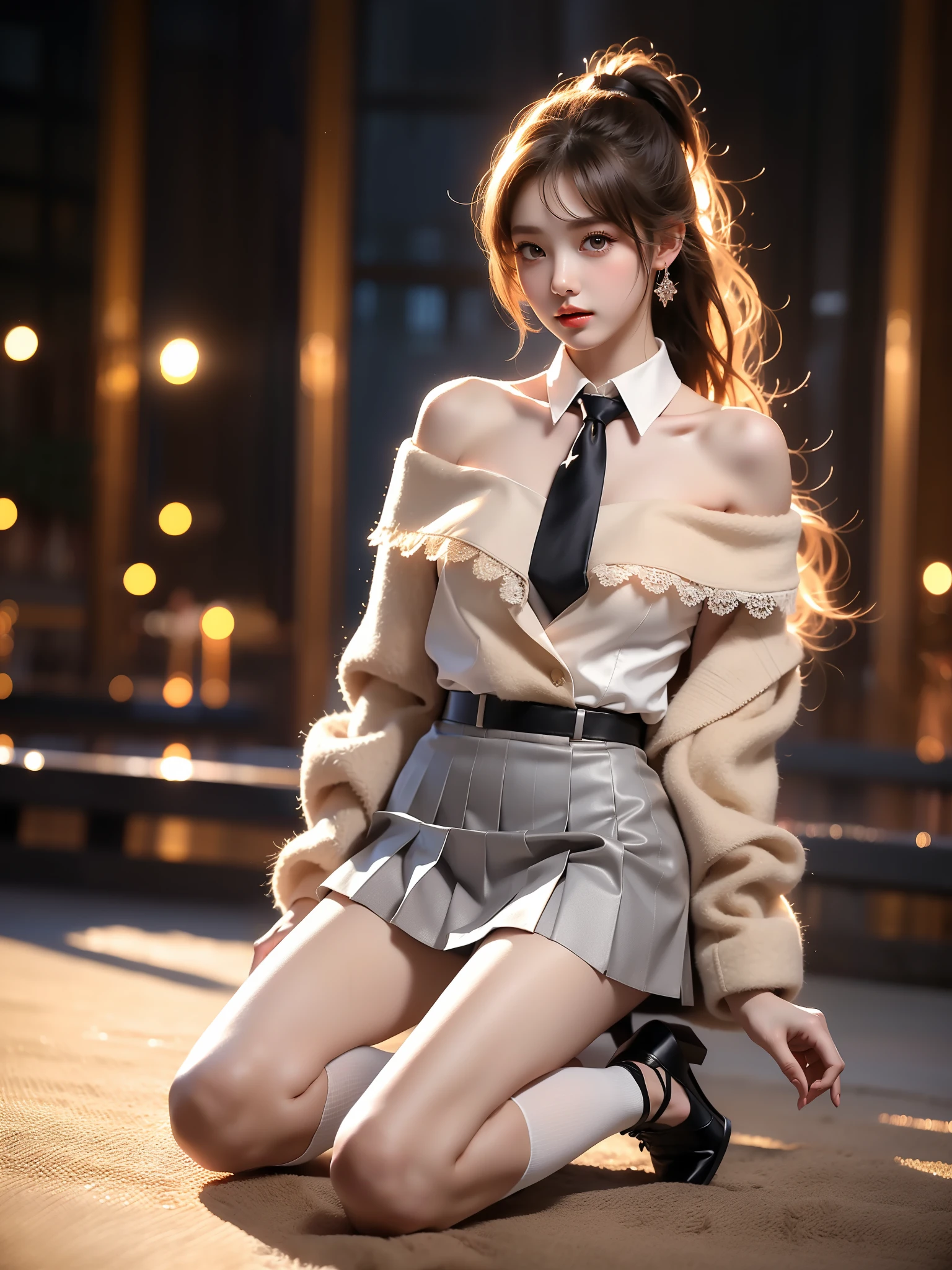 aalisa, long hair, ponytail, grey eyes, earrings, school uniform, striped necktie, brown necktie, collared shirt, grey jacket, blazer, long sleeves, plaid skirt, pleated skirt, brown skirt ,((full body)), ((single bare shoulder)), (Asian beauty: 1.3), girl, solo, ((outfit with lace-trimmed black thigh-high stockings, )), ((Pleated skirts, short skirts, , very short hemline)), (toned body: 1.2), (naturally large breasts: 1.1), (visible cleavage: 0.8), (smooth flawless skin: 1.2), (perfect anatomical proportions: 1.3), (anatomically correct legs: 1.3), (elegantly long legs: 1.3), 1.1) Hands gently lift the skirt, (detailed features: 1.2), (big bright eyes: 1.1), (long eyelashes: 1.1), charming smile, gentle and confident expression, Head slightly tilted, long flowing hair, (night scene: 1.1), (starry sky: 1.0), (space background: 0.9), (professional soft light: 1.2), (warm tone: 1.1), (Masterpiece: 1.4), (Super Detail: 1.3), (Sharp focus: 1.2), (Realistic: 1.2), (Hi-Fi: 1.1)