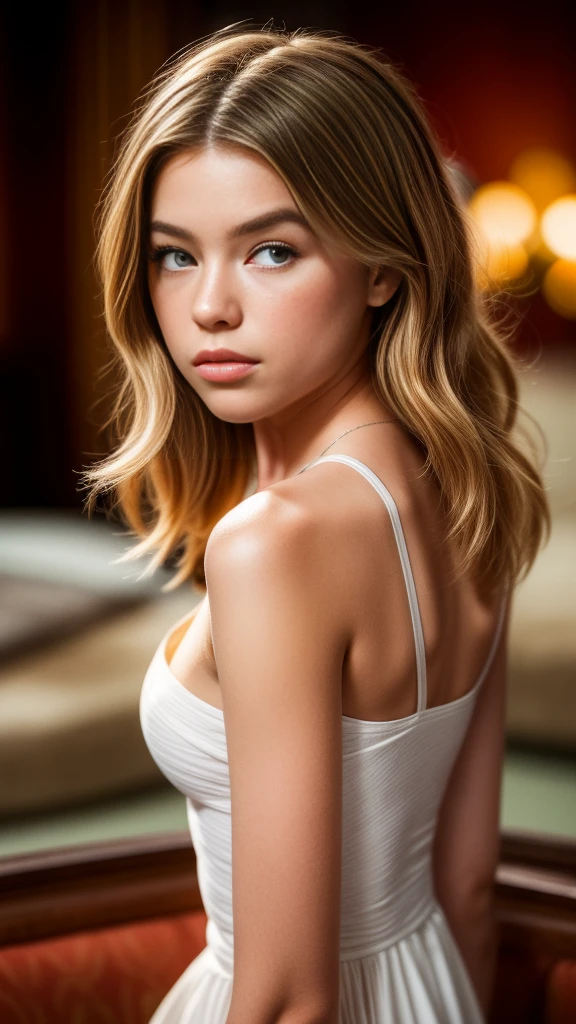 Highest quality, outstanding details, super high resolution, (fidelity: 1.4), the best illustration, favor details, highly condensed 1girl, with a delicate and beautiful face, delicate collarbone, shyness. small breasts, long dark blonde hair,