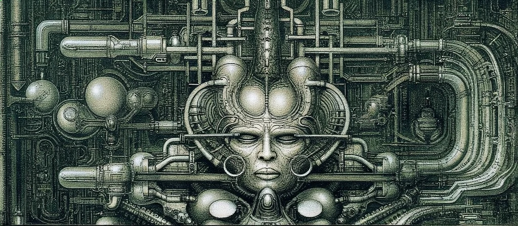 HRGGR, The image is a detailed view of H.R. Giger's biomechanical tableau \" LANDSCAPE No 312 \" plate, featuring a complex, intricate, and detailed design of endless Machine in the transit space over the cascade of fallen water, that appears to be a fusion of organic and mechanical elements, with a focus on the interplay between the two.The piece is a tableau, most likely created with a India ink pen or pencil on paper, determined by the thin lines, shading techniques, and the texture of the paper, which is visible around the edges. Used is pen, given the shading and variations in line weight visible in the image. Artist have used a variety of stylus with different degrees of hardness to achieve the shading effects. The use of undersaturated green-grays dark contrasts creates a stark and graphic look. Is used a variety of linework techniques to create different textures. Fine, parallel lines create a smooth, metallic texture,while thicker, more cursive lines suggest cables or wires. Light source from the top highlights skeletals, pper part of foreground, lower part of image is in shadowupper part of foreground, lower part of image is in shadow. The art performance showcases the artist’s skills in observation and rendering. The level of detail in the piece suggests a close study of real bone specimens and mechanics. The artist has skillfully used shading techniques to create a convincing illusion of three-dimensionality on a flat surface. The wrinkles and cracks in the surface, and the cast shadows with accuracy, used shading techniques to create a realistic depiction of light and shadow on the objects. This creates a sense of depth and dimension in the image. The artist has used careful linework to depict the contours and textures in the piece Sharp focus on foreground elements illustration. Deep and delicate DOF. Big painting. Stored in Louvre masterpiece, ooze soaked pajama top