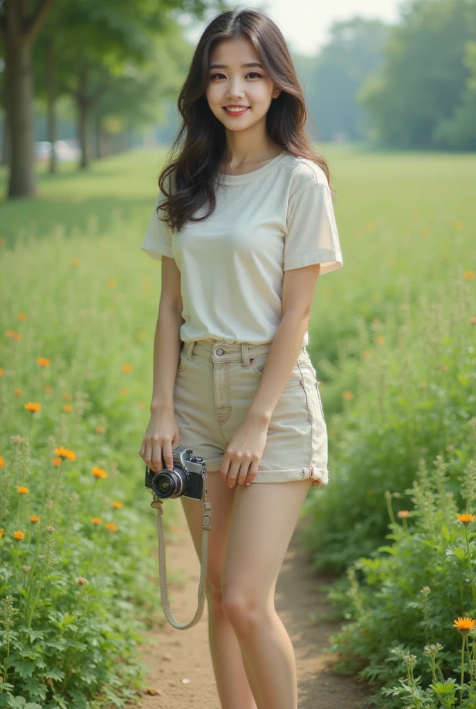  1 girl at home, unique, 25-year-old Korean girl ， Woman in shirt and denim shorts,  beautiful young Chinese woman ,  with blue lining  . On clothes、Includes modern  ,   casual and simple style  、feature.  clothing representing 2014 ,  The image has been enlarged 、 beautiful middle-aged woman .,,Long eyelashes，Hair combed back， White skin, Light makeup, Chest 32 inches, Wearing an orange vest, standing on the grass to take pictures，Detailed meadow， wearing a high-end brand colored canvas shoes ，Ultra-realistic facial details， playful and coquettish posture ，The calves are straight and thin:1.2，  beautiful young and middle-aged women :1.0，Full body photo:1.8Chinese Girl, Xintong Chen, otherwise, Oval face, Both eyes, Both eyes皮, Long eyebrows,  Long Lashes, Smile, 32 inches in the chest, And a very beautiful face,  with a sweet smile on her small face ,  wearing a tan vest and loose pants ,  standing with her hands in pockets ,  pretty Chinese model , xision wu, wenfeiye, Chinese Girl,  Beautiful Asian Girl , Cute young woman