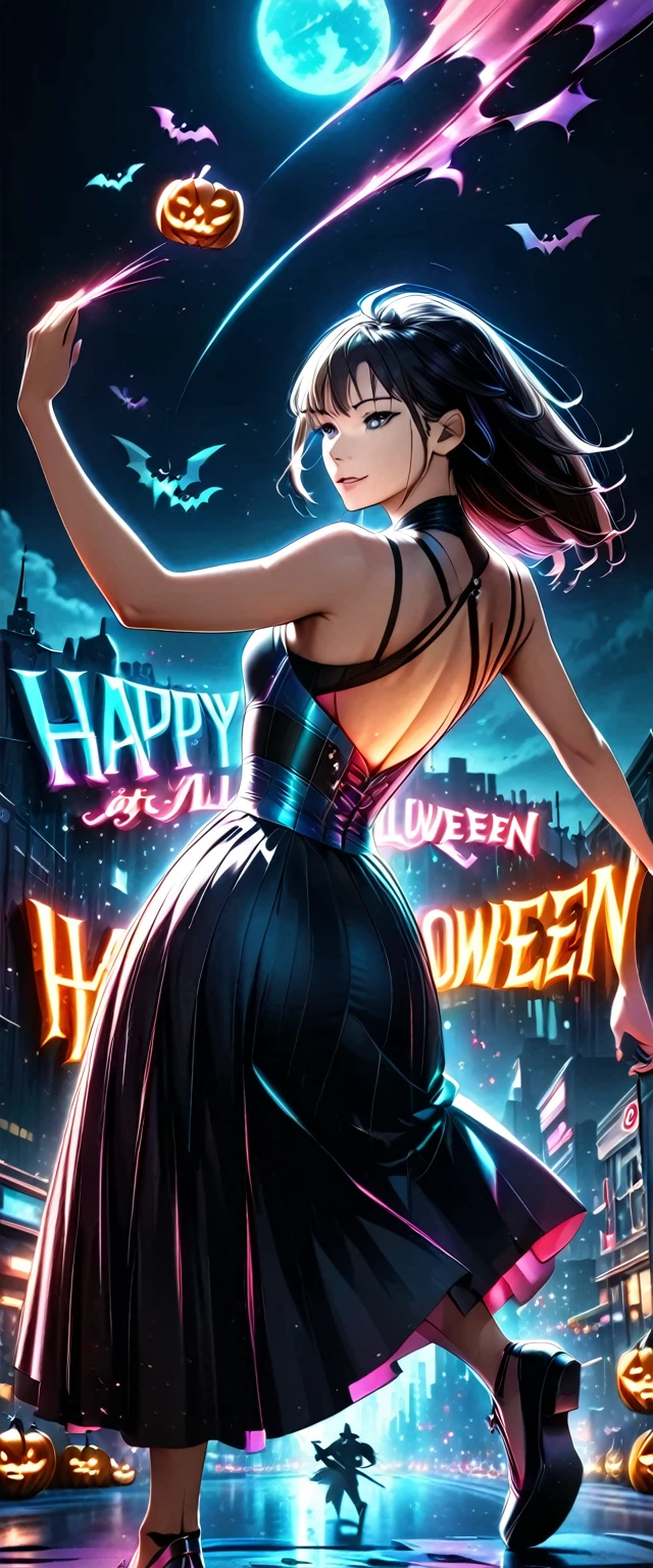 ((top-quality, masterpiece,  Highest quality , 8k)), (( perfect body, Beautiful Face,  realistic midbust , Big Ass)), ((( colorful color illustrations ,  movie poster  ,  large letters are written on the illustration " Happy Halloween":1.3))),  with monsters and cute ghosts in the background , Pumpkin,  Pumpkin Heads  ,  and pumpkin monsters   ,  rampage through the city late at night , drink, sing, jumping, Dancing, throw, And destroy ,  Doesn't end until morning ,