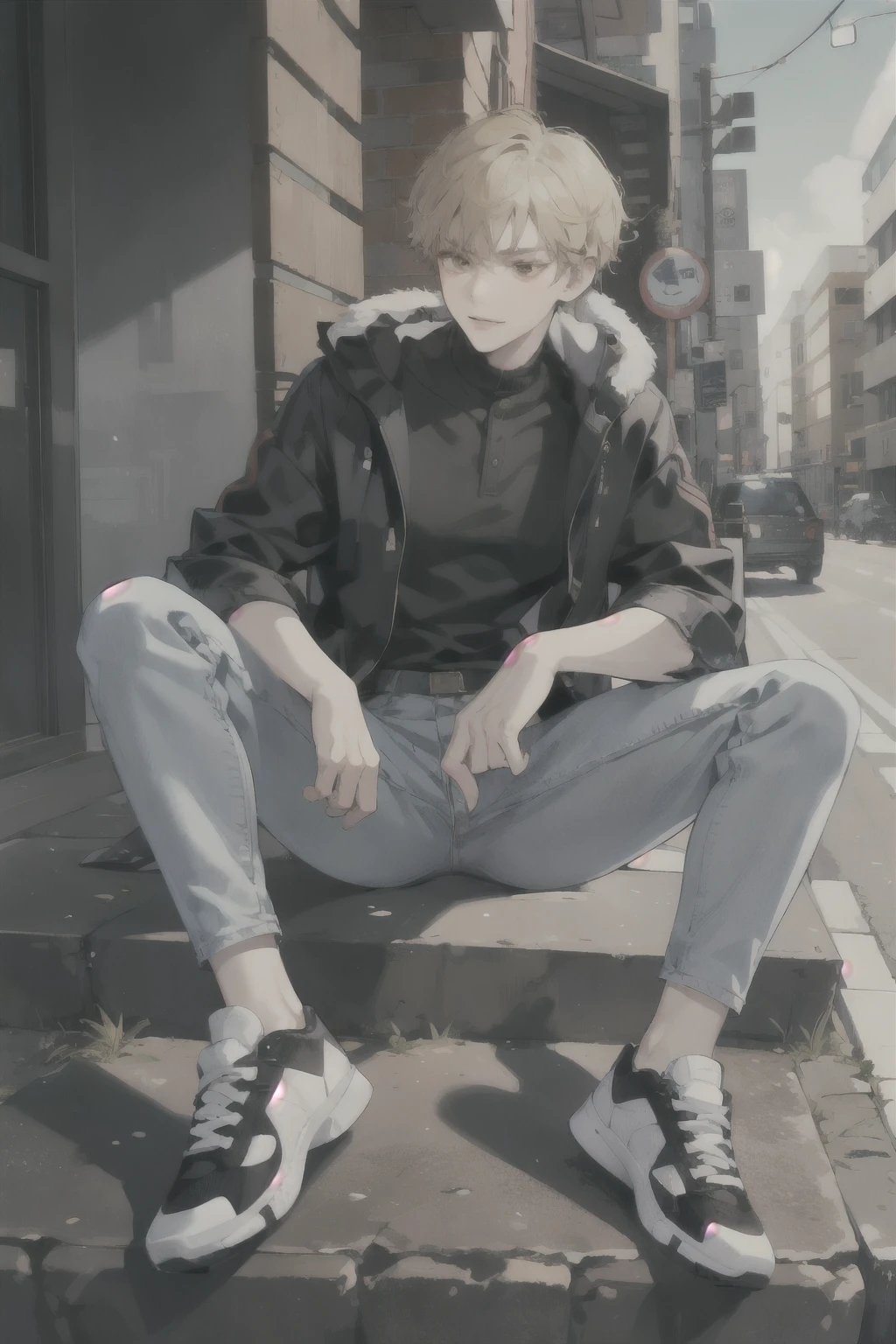 masterpiece, best quality, ultra detailed, (solo man), (male focus), Oblong face, Square jawline, honey blonde hair, short hair, ((sanpaku brown eyes)), medium skin, ((ugly)), ((badass)), slender body, {uniform, outfit, clothes}, parka, denim pants, sneakers, in street,  (Giving an insincere smile:0.8), sitting leaning back