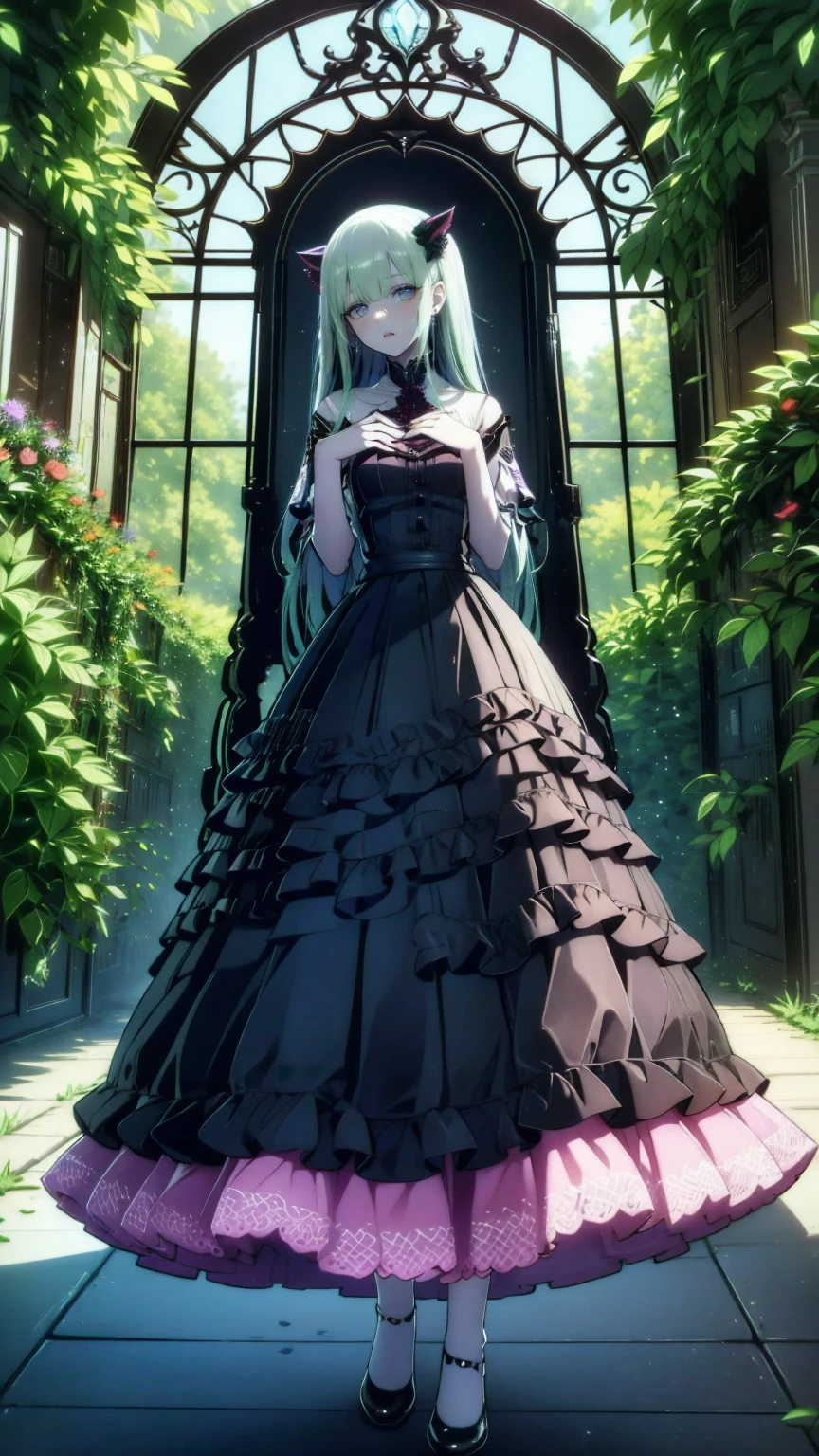 ネオゴススタイルの  girl, Wearing a black dress and a white collar,  wearing a black hat  、Wearing heavy makeup,  she's standing in a mysterious garden  、Surrounded by vines  . The garden is full of dark purple flowers  .、Gothic architecture in the background。.  girl&#39;Iの髪は黒色、  her hair is long braided  .、  has red roses next to her  。. Her eyes are sharp、It&#39;stabbing.,  thick black eyeliner and long eyelashes .  she has white skin .、Lips bright red.. The atmosphere is gloomy and eerie, Dim lighting casts long shadows.  This work is a combination of digital illustration and photography.., result、そのresult、Incredibly high resolution images。. Most colors are dark、I&#39;kind,  The dark red and purple create a dark beauty  ..  The overall style is neo-gothic  ., Horror,  portrait photography ,  creates a unique and fascinating visual experience  .Dark Imagery
