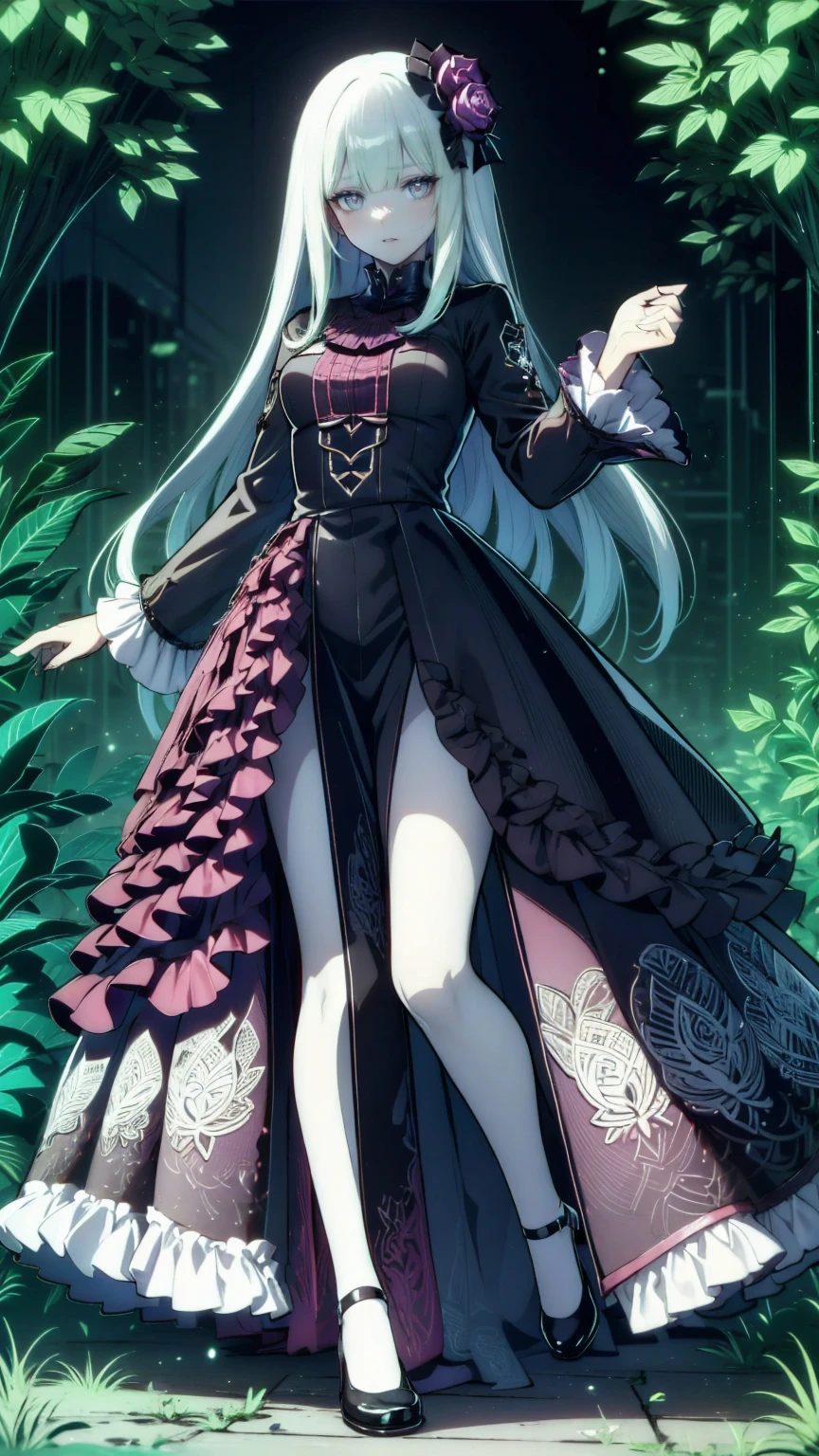 ネオゴススタイルの  girl, Wearing a black dress and a white collar,  wearing a black hat  、Wearing heavy makeup,  she's standing in a mysterious garden  、Surrounded by vines  . The garden is full of dark purple flowers  .、Gothic architecture in the background。.  girl&#39;Iの髪は黒色、  her hair is long braided  .、  has red roses next to her  。. Her eyes are sharp、It&#39;stabbing.,  thick black eyeliner and long eyelashes .  she has white skin .、Lips bright red.. The atmosphere is gloomy and eerie, Dim lighting casts long shadows.  This work is a combination of digital illustration and photography.., result、そのresult、Incredibly high resolution images。. Most colors are dark、I&#39;kind,  The dark red and purple create a dark beauty  ..  The overall style is neo-gothic  ., Horror,  portrait photography ,  creates a unique and fascinating visual experience  .Dark Imagery
