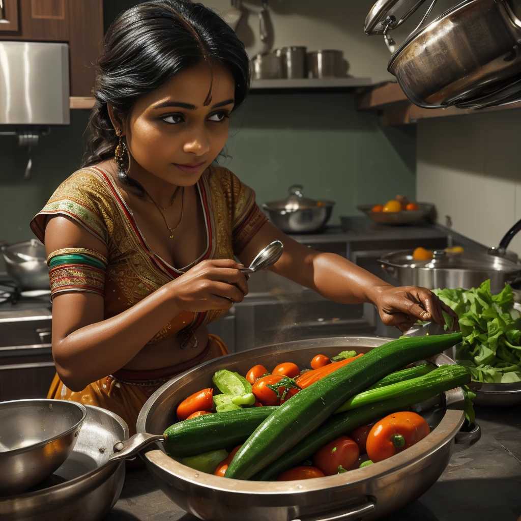 (((HD realistic closeup photo))) of Sabita a 30 year fair complexion beautiful Bengali wife cooking vegetables in an Indian kitchen