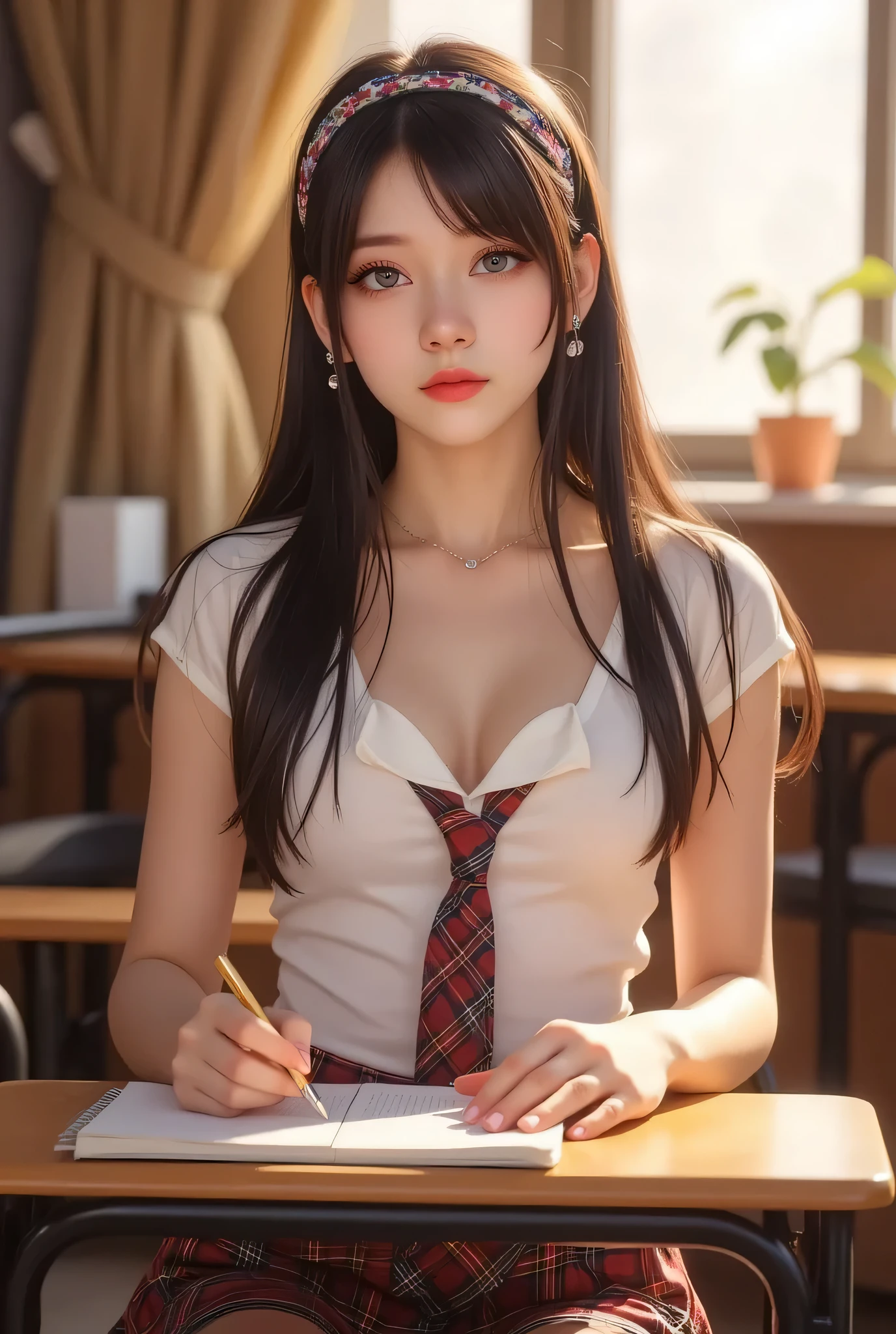 realistic, beautiful young woman, Nat DR., gorgeous face, thick eyeliner, winged_eyeliner, bangs, sitting on small metal chair, writing in notebook at student desk, wearing tight white blouse and plaid skirt, undone tie, earrings, hairband, extra_large bust, indoors, soft lighting, window with sunlight, cozy room, realistic, intricate details, warm colors, by Greg Rutkowski, by Alphonse Mucha