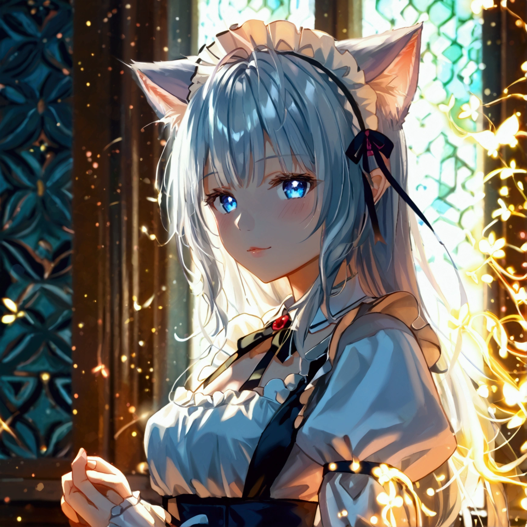  Beast Ears、Cat ears、Silver Hair、スーパー long hair、 long hair、 straight、 blue eyes 、Small breasts、Small breasts、Maid uniform、 fantasy、high quality