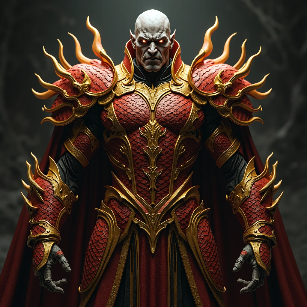 A tall man in a red suit decorated with gold, with long-fingered iron gloves, sharp golden claws, long arms and long legs, wearing a crown, and a scary smile.
