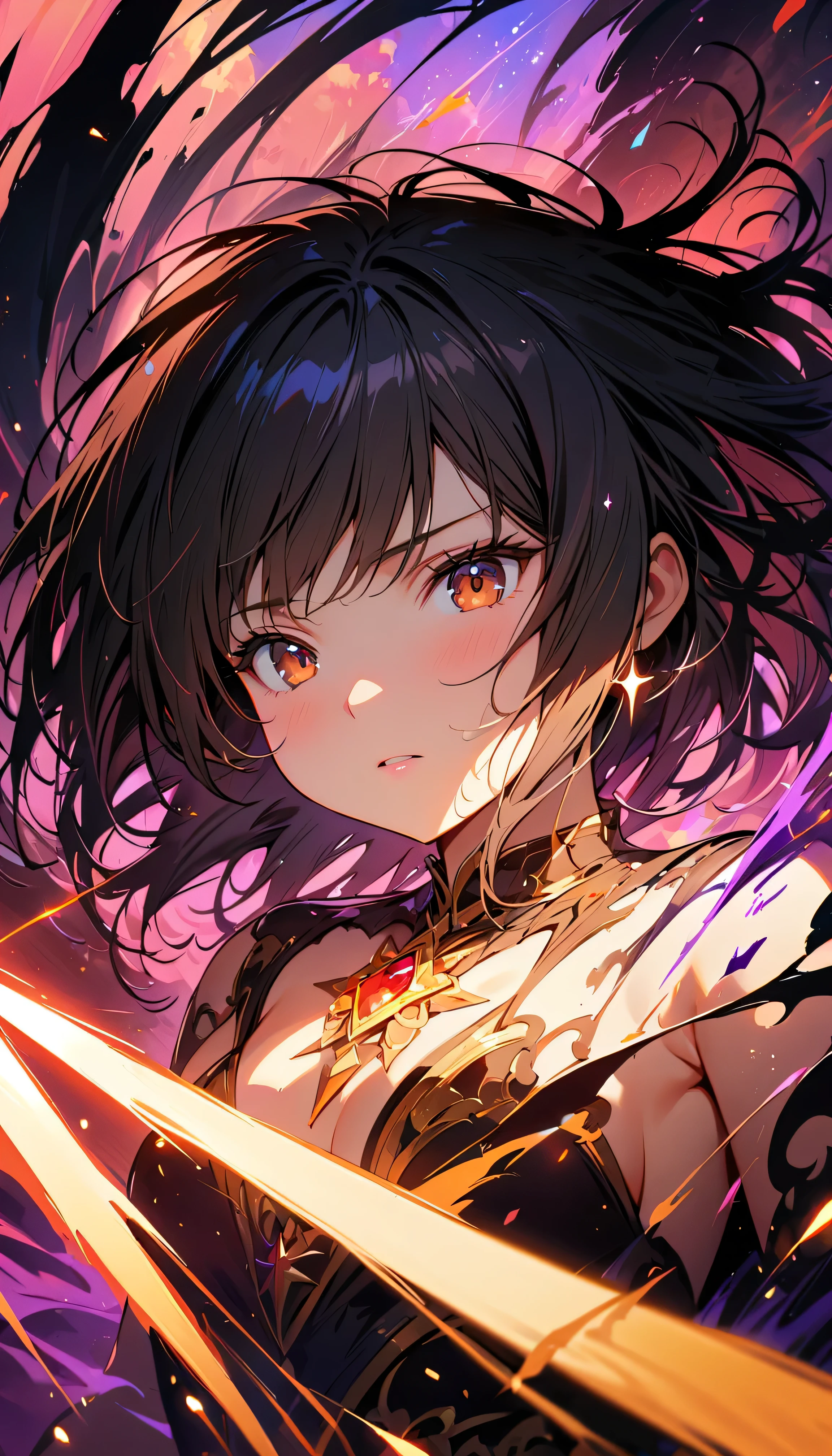 (Best Quality:1.2, very detailed, up to date, Vibrant, masterpiece:1.2, Best Quality, Best aesthetics), ((Front close-up shot:1.4)), 8K Ultra HD, Background Blur, One Woman, 8k, very detailed, Beautiful Goddess, Backlight, Brown Eyes , (Best Shadow), Absurd, (abyss), Beautiful sparkle, Mystical place, Fantasy , Another world, In the Dark, Reflection of light, Dynamic Angle, dress, Black Hair, young, dynamic pose