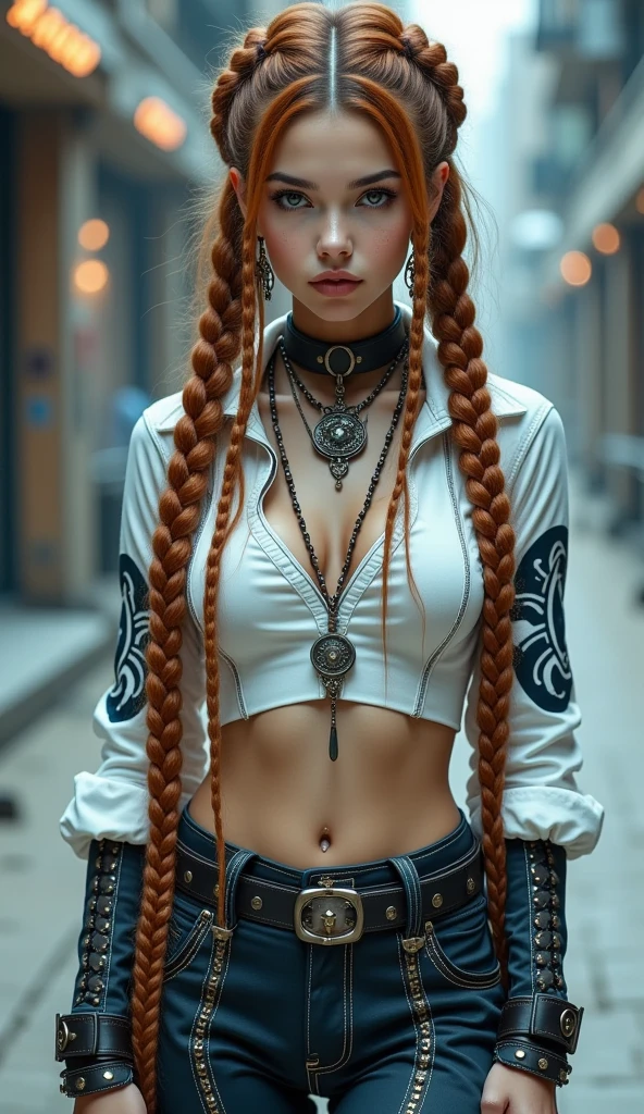 an steampunk girl at a , (white crop top:1.2), small breasts cleavage, hat, black and blue leather, hyper detailed, ultra sharp, long auburn hair in braids, 8k, (insanely detailed:1.5), full body photograph, 20 megapixel, canon eos r3, detailed skin, pale skin by Frida Khalo 