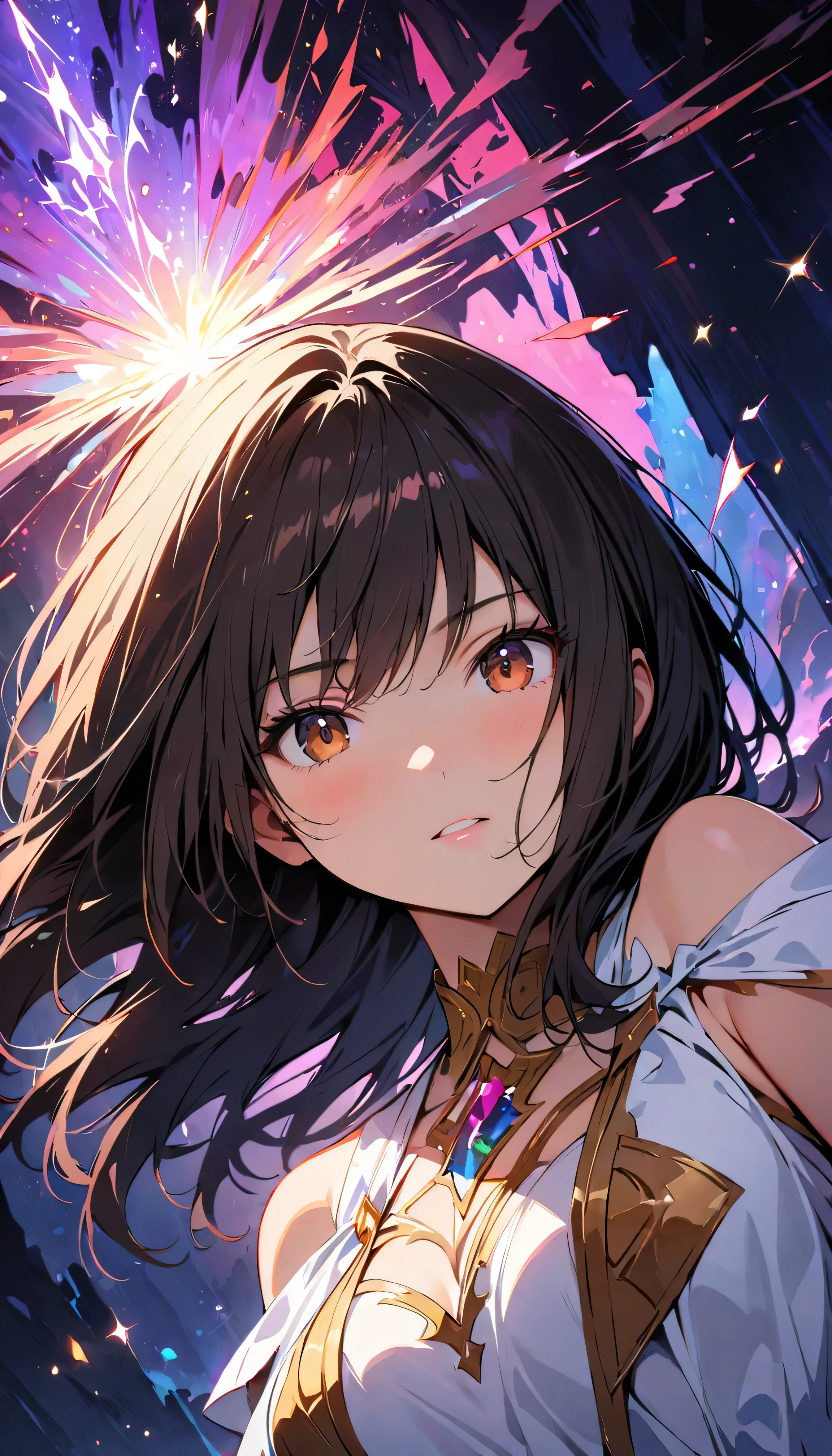 (Best Quality:1.2,  very detailed, up to date, Vibrant, masterpiece:1.2, Best Quality, Best aesthetics), ((Front close-up shot:1.4)), 8K Ultra HD, Background Blur, One Woman, 8k,  very detailed, Beautiful Goddess, Backlight,  Brown Eyes , (Best Shadow),  absurd, (abyss), Beautiful sparkle, Mystical place,  Fantasy , Another world, In the Dark, Reflection of light, Dynamic Angle, dress, Black Hair, young,  dynamic pose