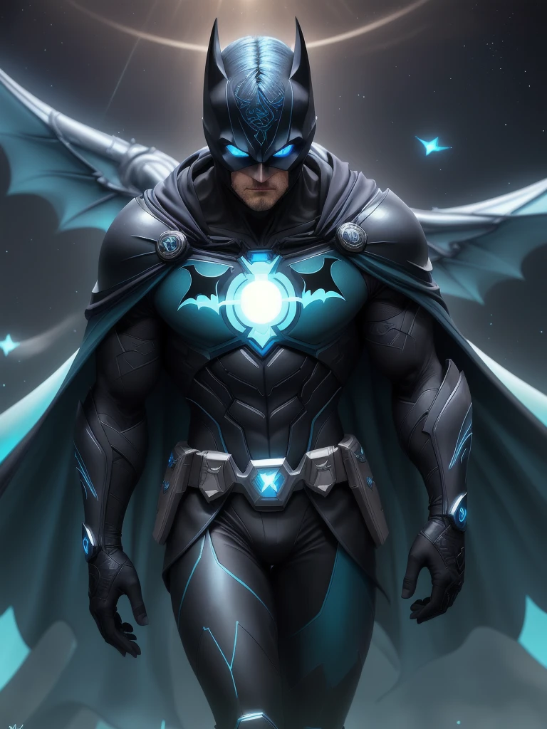 Batman 
Color Palette: The primary colors are deep shades of black and midnight blue, representing the night sky and the dream world. Accents of glowing white and blue are interwoven throughout the costume, representing hope, life, and the mystical qualities of dreams. Hints of emerald green symbolize his connection to the Green Lantern powers.
	•	Cowl and Cape:
The cowl is sleek and aerodynamic, with elongated ears resembling bat wings, but it features intricate patterns that shimmer like stars. The eye lenses glow with a soft, otherworldly light, capable of shifting colors depending on the energy he channels (blue, green, or white).
The cape flows like liquid shadow, occasionally shifting in color to reflect his mood or the energies he harnesses. When spread out, it appears almost like the night sky, dotted with stars, enhancing his ability to blend into the shadows.
Chest Emblem:
Instead of the traditional bat symbol, the emblem is a stylized representation of a crescent moon encircled by a halo of light, symbolizing his connection to dreams and the lantern powers. The emblem glows softly in the dark, pulsing in sync with his heartbeat.
Body Armor:
The armor is lightweight yet incredibly durable, featuring layered materials that provide protection without sacrificing agility. It is adorned with intricate designs that resemble dream motifs, such as spirals, stars, and waves.
	•	The suit has a matte finish to minimize reflections but incorporates iridescent elements that catch the light, creating a subtle, shifting glow.

Gloves and Boots

Gloves:
The gloves are fingerless at the tips to allow for dexterity but feature reinforced areas for combat. They are embedded with technology that enhances his dream manipulation abilities and can project energy constructs. The fingertips glow with a soft blue light when he channels his Blue Lantern powers.
Boots:
The boots are sturdy yet flexible, designed for stealth and agility. They have a dark, sleek design, reinforced 