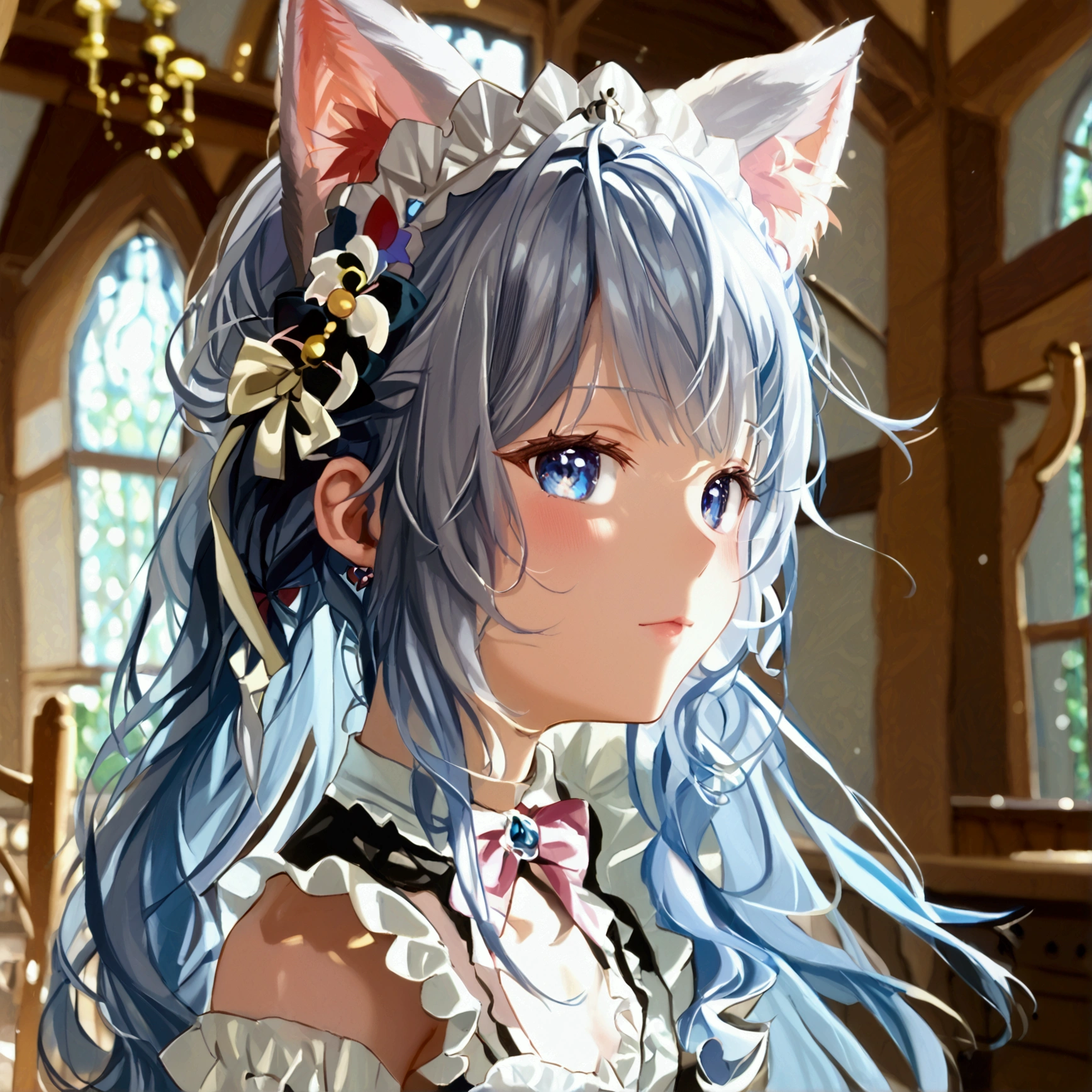  Beast Ears、Cat ears、Silver Hair、スーパー long hair、 long hair、 straight、 blue eyes 、Small breasts、Small breasts、Maid uniform、 fantasy、high quality