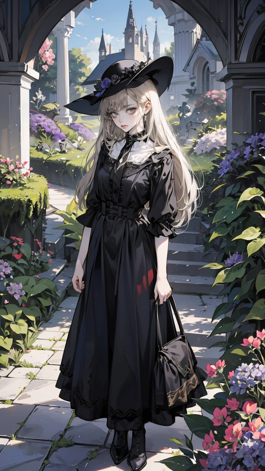 ネオゴススタイルの  girl, Wearing a black dress and a white collar,  wearing a black hat  、Wearing heavy makeup,  she's standing in a mysterious garden  、Surrounded by vines  . The garden is full of dark purple flowers  .、Gothic architecture in the background。.  girl&#39;Iの髪は黒色、  her hair is long braided  .、  has red roses next to her  。. Her eyes are sharp、It&#39;stabbing.,  thick black eyeliner and long eyelashes .  she has white skin .、Lips bright red.. The atmosphere is gloomy and eerie, Dim lighting casts long shadows.  This work is a combination of digital illustration and photography.., result、そのresult、Incredibly high resolution images。. Most colors are dark、I&#39;kind,  The dark red and purple create a dark beauty  ..  The overall style is neo-gothic  ., Horror,  portrait photography ,  creates a unique and fascinating visual experience  .Dark Imagery