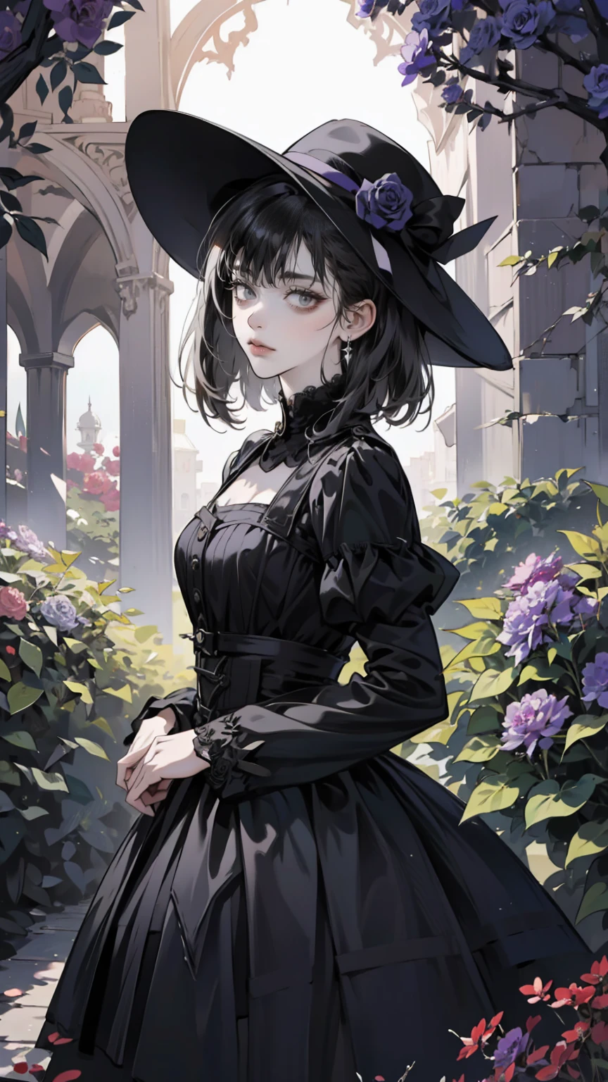 ネオゴススタイルの  girl, Wearing a black dress and a white collar,  wearing a black hat  、Wearing heavy makeup,  she's standing in a mysterious garden  、Surrounded by vines  . The garden is full of dark purple flowers  .、Gothic architecture in the background。.  girl&#39;Iの髪は黒色、  her hair is long braided  .、  has red roses next to her  。. Her eyes are sharp、It&#39;stabbing.,  thick black eyeliner and long eyelashes .  she has white skin .、Lips bright red.. The atmosphere is gloomy and eerie, Dim lighting casts long shadows.  This work is a combination of digital illustration and photography.., result、そのresult、Incredibly high resolution images。. Most colors are dark、I&#39;kind,  The dark red and purple create a dark beauty  ..  The overall style is neo-gothic  ., Horror,  portrait photography ,  creates a unique and fascinating visual experience  .Dark Imagery