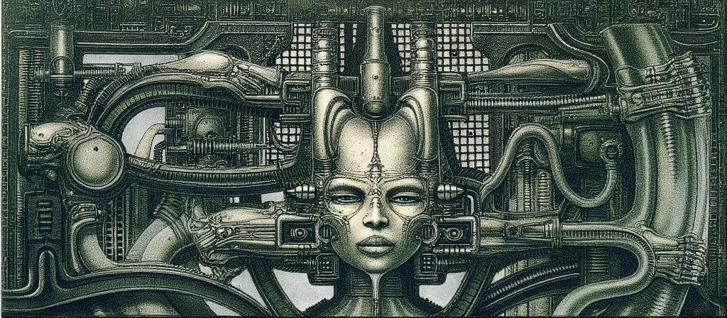 HRGGR, The image is a detailed view of H.R. Giger's biomechanical tableau \" LANDSCAPE No 312 \" plate, featuring a complex, intricate, and detailed design of endless Machine in the transit space over the cascade of fallen water, that appears to be a fusion of organic and mechanical elements, with a focus on the interplay between the two.The piece is a tableau, most likely created with a India ink pen or pencil on paper, determined by the thin lines, shading techniques, and the texture of the paper, which is visible around the edges. Used is pen, given the shading and variations in line weight visible in the image. Artist have used a variety of stylus with different degrees of hardness to achieve the shading effects. The use of undersaturated green-grays dark contrasts creates a stark and graphic look. Is used a variety of linework techniques to create different textures. Fine, parallel lines create a smooth, metallic texture,while thicker, more cursive lines suggest cables or wires. Light source from the top highlights skeletals, pper part of foreground, lower part of image is in shadowupper part of foreground, lower part of image is in shadow. The art performance showcases the artist’s skills in observation and rendering. The level of detail in the piece suggests a close study of real bone specimens and mechanics. The artist has skillfully used shading techniques to create a convincing illusion of three-dimensionality on a flat surface. The wrinkles and cracks in the surface, and the cast shadows with accuracy, used shading techniques to create a realistic depiction of light and shadow on the objects. This creates a sense of depth and dimension in the image. The artist has used careful linework to depict the contours and textures in the piece Sharp focus on foreground elements illustration. Deep and delicate DOF. Big painting. Stored in Louvre masterpiece, ooze soaked pajama top